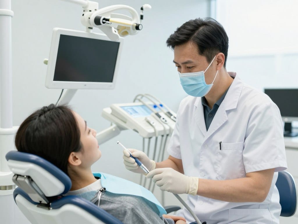 Experienced dentist examining patient with modern equipment demonstrating quality dental care Experienced dentist examining patient with modern equipment demonstrating quality dental care