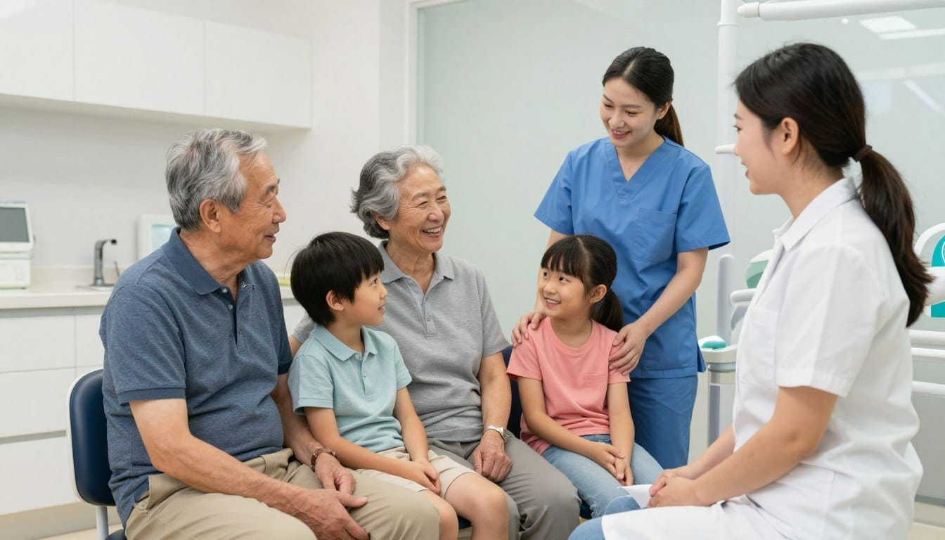 Family of three generations visiting dentist together showing multi-generational care Family of three generations visiting dentist together showing multi-generational care