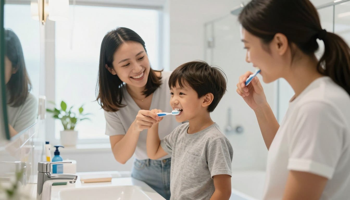 Family practicing good oral hygiene habits together at home Family practicing good oral hygiene habits together at home