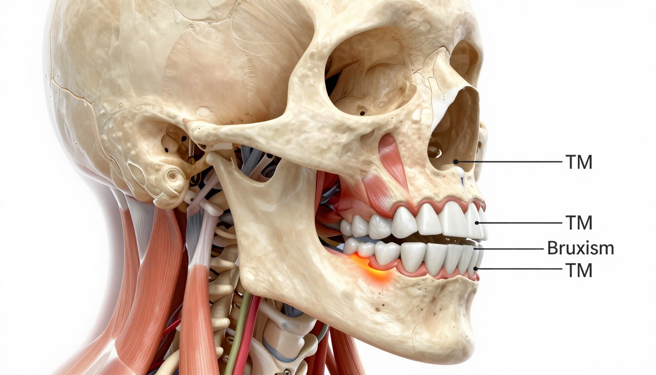 Illustration showing masseter muscle and jaw area affected by teeth grinding and clenching Illustration showing masseter muscle and jaw area affected by teeth grinding and clenching