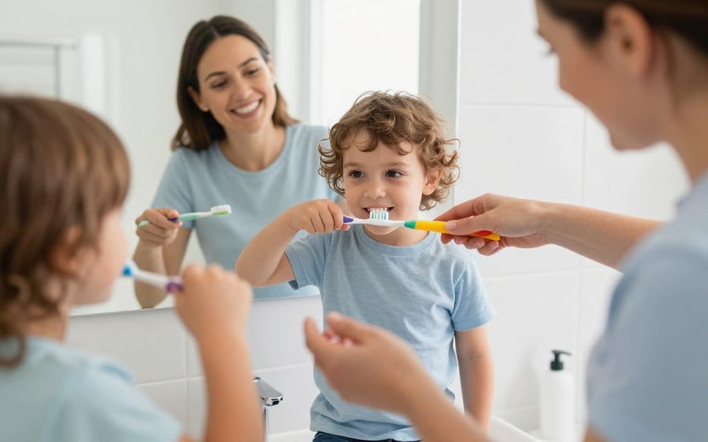 Parent helping young child brush teeth properly Parent helping young child brush teeth properly
