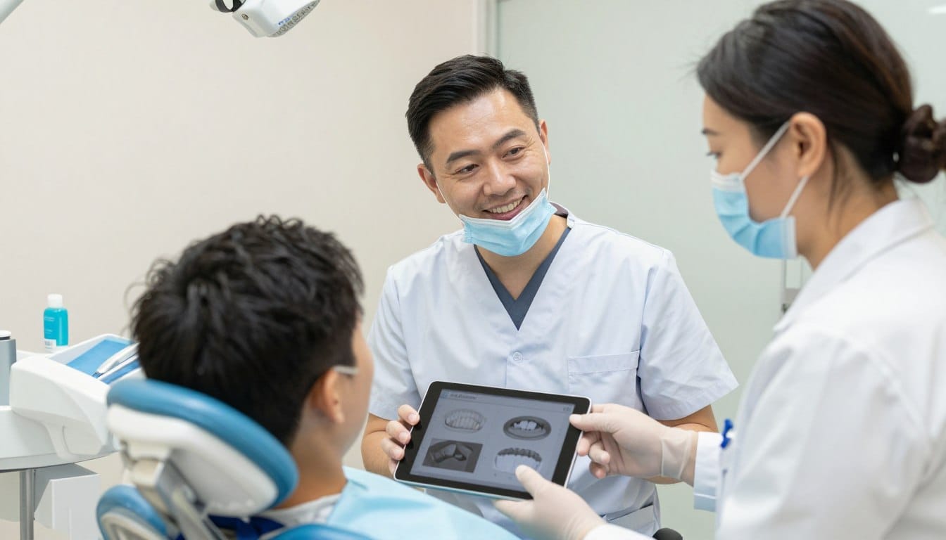 Patient consulting with dentist discussing treatment options and care plan Patient consulting with dentist discussing treatment options and care plan