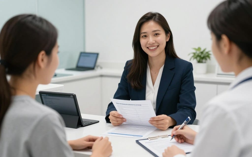 Patient discussing dental treatment costs and payment options with receptionist Patient discussing dental treatment costs and payment options with receptionist