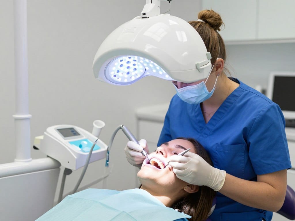Professional teeth whitening procedure being performed in dental chair Professional teeth whitening procedure being performed in dental chair