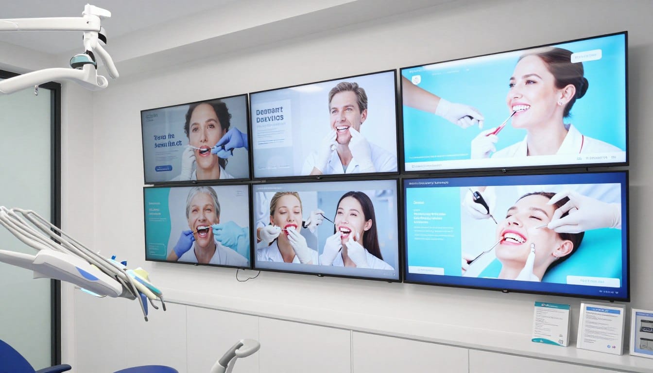 Range of dental treatments and procedures displayed on modern clinic screens Range of dental treatments and procedures displayed on modern clinic screens