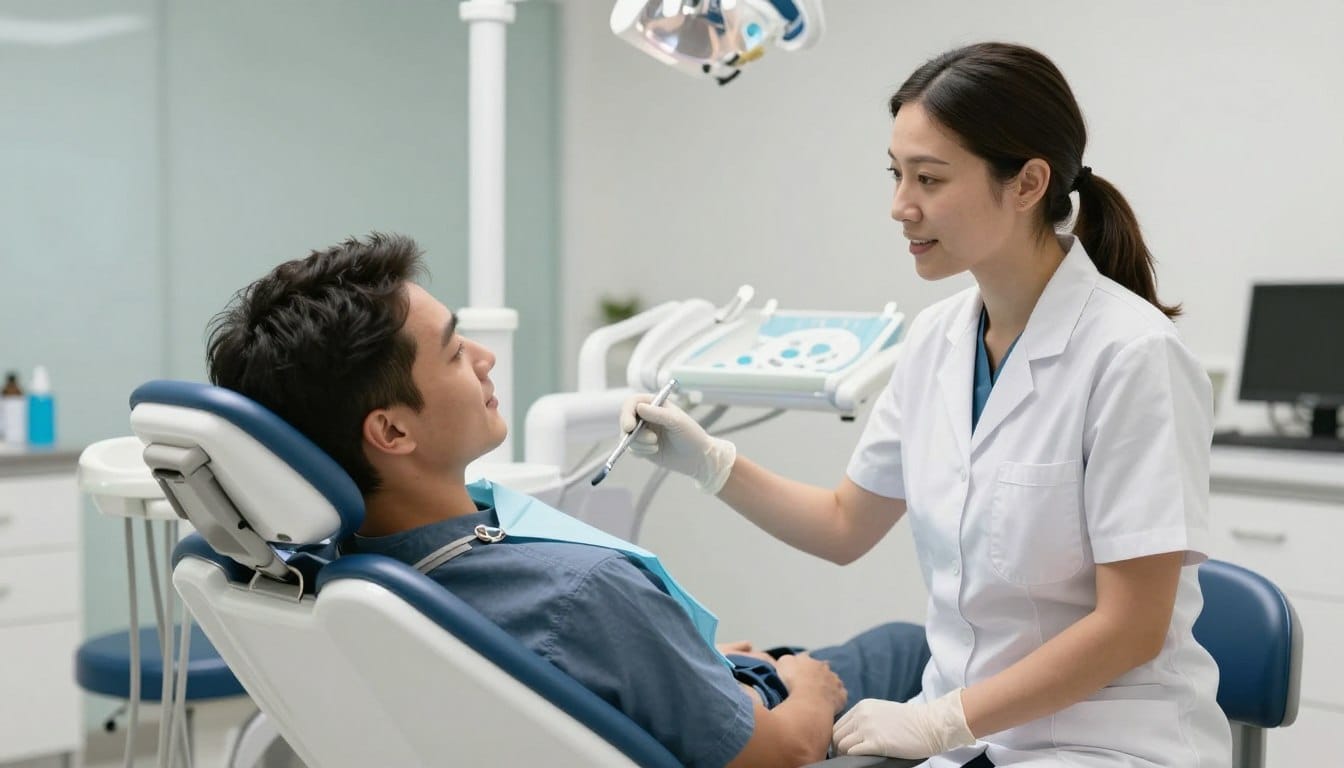 Relaxed patient in dental chair with calming environment and caring dentist Relaxed patient in dental chair with calming environment and caring dentist