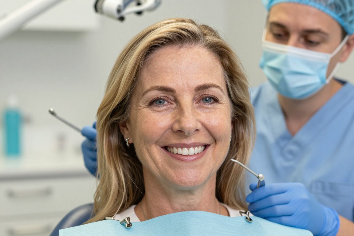 Smiling patient showing satisfaction after receiving anti-wrinkle treatment at dental practice Smiling patient showing satisfaction after receiving anti-wrinkle treatment at dental practice