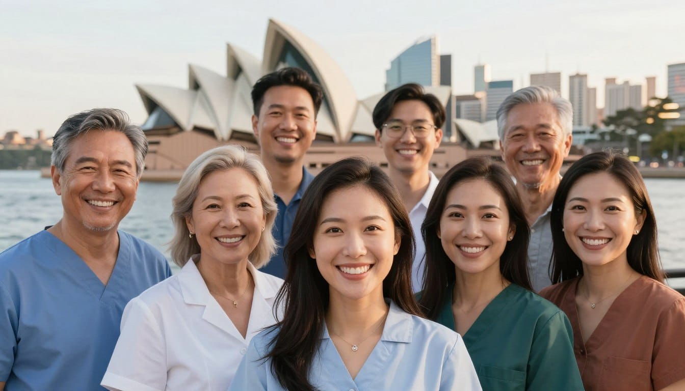 Sydney skyline with happy dental patients showing confident smiles Sydney skyline with happy dental patients showing confident smiles