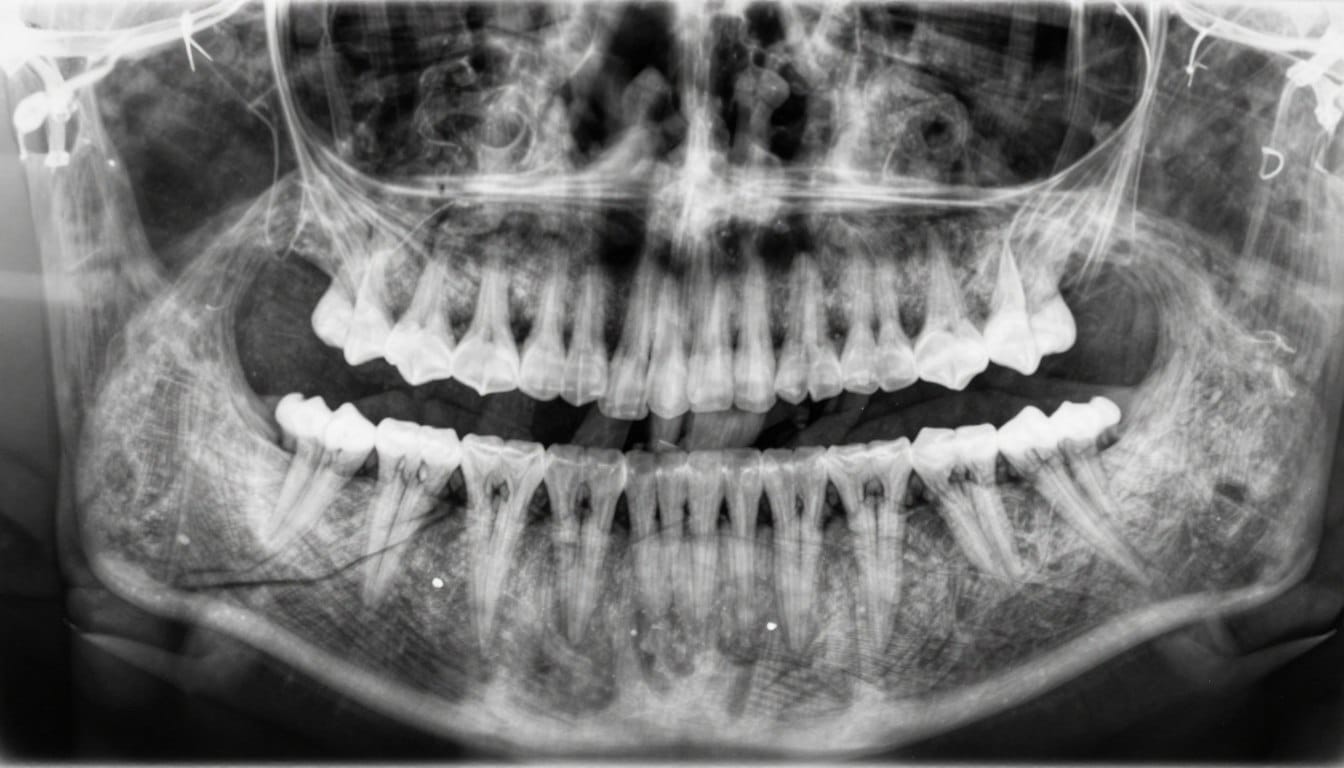 X-ray showing impacted wisdom teeth requiring extraction X-ray showing impacted wisdom teeth requiring extraction