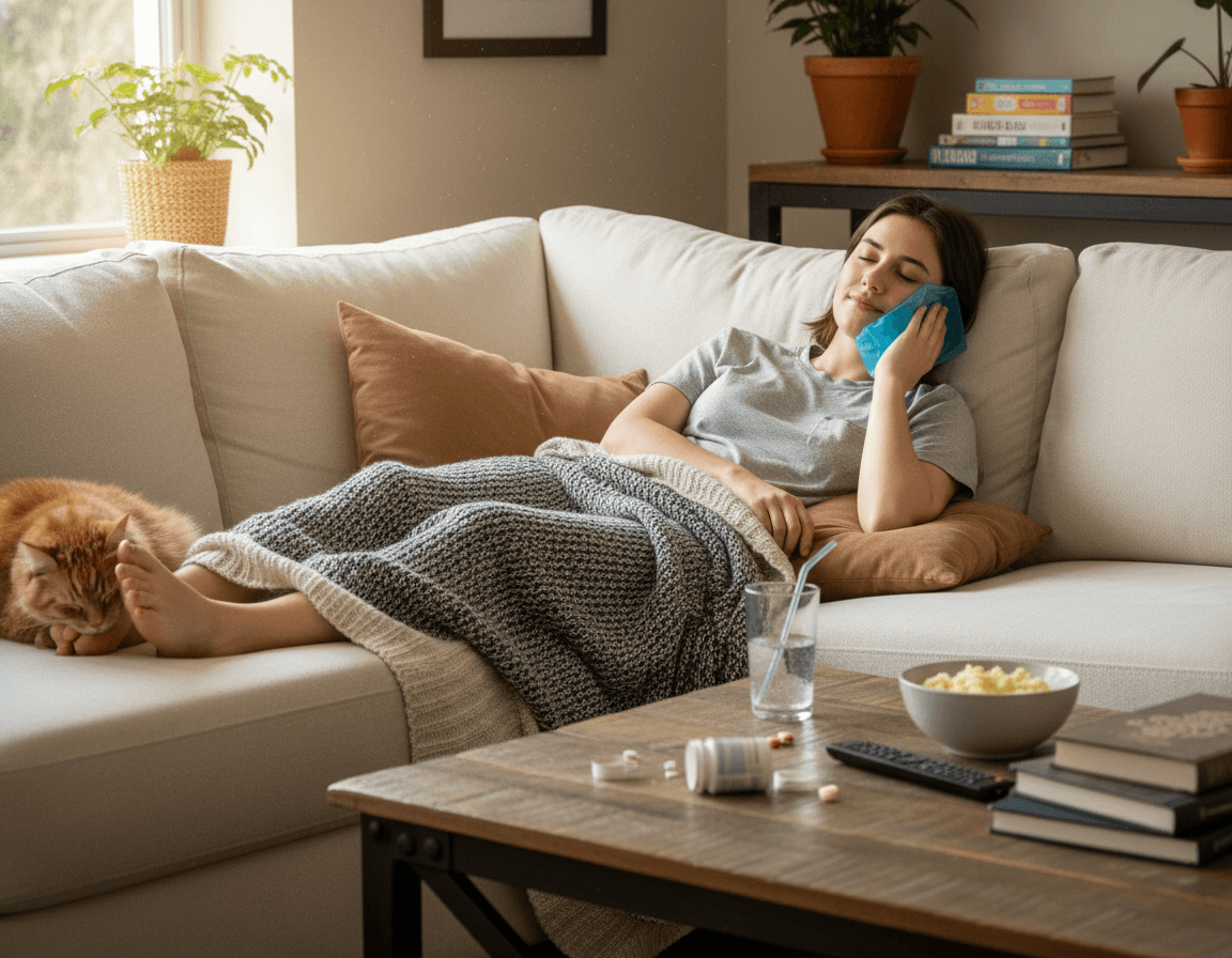 patient resting comfortably after wisdom teeth removal with ice pack