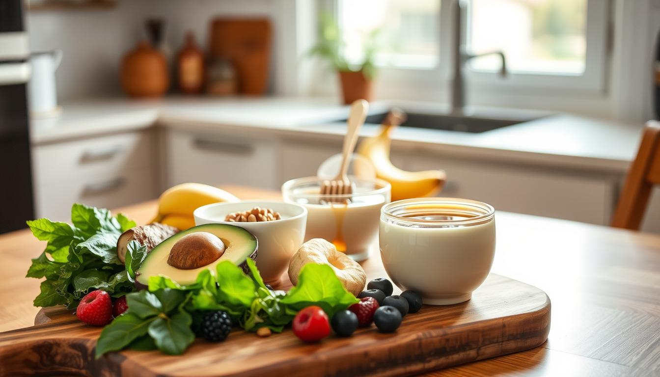 A beautifully arranged table showcasing a healing diet in a softly lit kitchen. In the foreground, vibrant, fresh ingredients such as leafy greens, ripe avocados, and soft fruits like bananas and berries are artfully displayed on a rustic wooden cutting board. In the middle, a delicate bowl of yogurt topped with honey and nuts sits next to a steaming cup of herbal tea, exuding warmth and comfort. The background features a blurred window with soft, natural light filtering through, illuminating the space and creating a peaceful atmosphere. The overall mood conveys a sense of tranquility and nourishment, perfect for a smooth recovery.