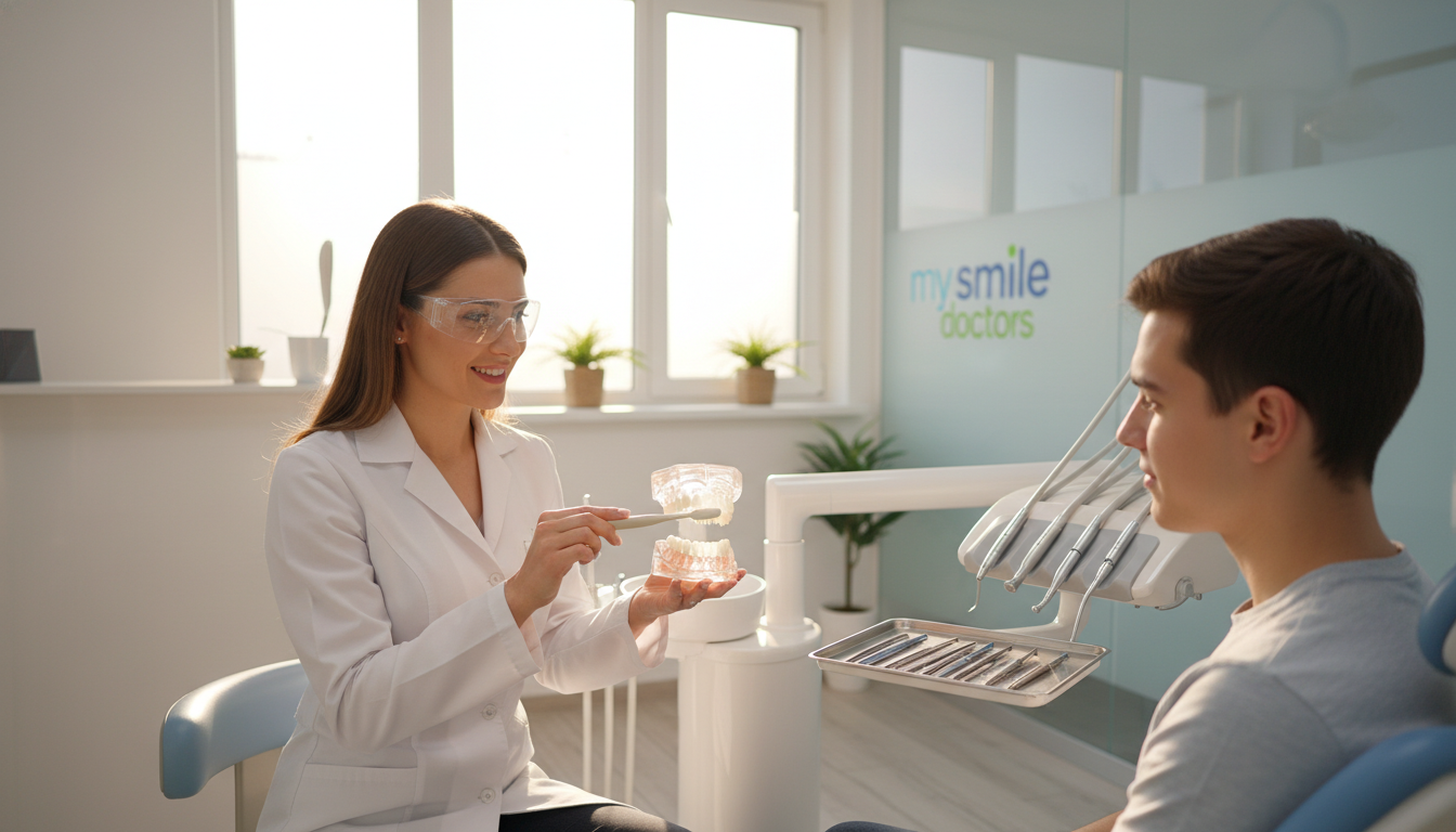 A bright and inviting dental office scene, focusing on a well-organized, professional dental workstation. In the foreground, a friendly dentist in a crisp white coat and protective eyewear demonstrates proper oral hygiene techniques with a toothbrush and dental model. The middle ground features an examination chair with a neatly arranged tray of dental tools, emphasizing preparedness and care. Soft, natural lighting streams through a large window in the background, creating a calm atmosphere that conveys trust and professionalism. Subtle green plants add a touch of freshness to the scene. The overall mood is reassuring and encouraging, promoting the importance of preventative dental care. Branding subtly displayed, "my smile doctors," enhances the environment without overwhelming it. A bright and inviting dental office scene, focusing on a well-organized, professional dental workstation. In the foreground, a friendly dentist in a crisp white coat and protective eyewear demonstrates proper oral hygiene techniques with a toothbrush and dental model. The middle ground features an examination chair with a neatly arranged tray of dental tools, emphasizing preparedness and care. Soft, natural lighting streams through a large window in the background, creating a calm atmosphere that conveys trust and professionalism. Subtle green plants add a touch of freshness to the scene. The overall mood is reassuring and encouraging, promoting the importance of preventative dental care. Branding subtly displayed, "my smile doctors," enhances the environment without overwhelming it.