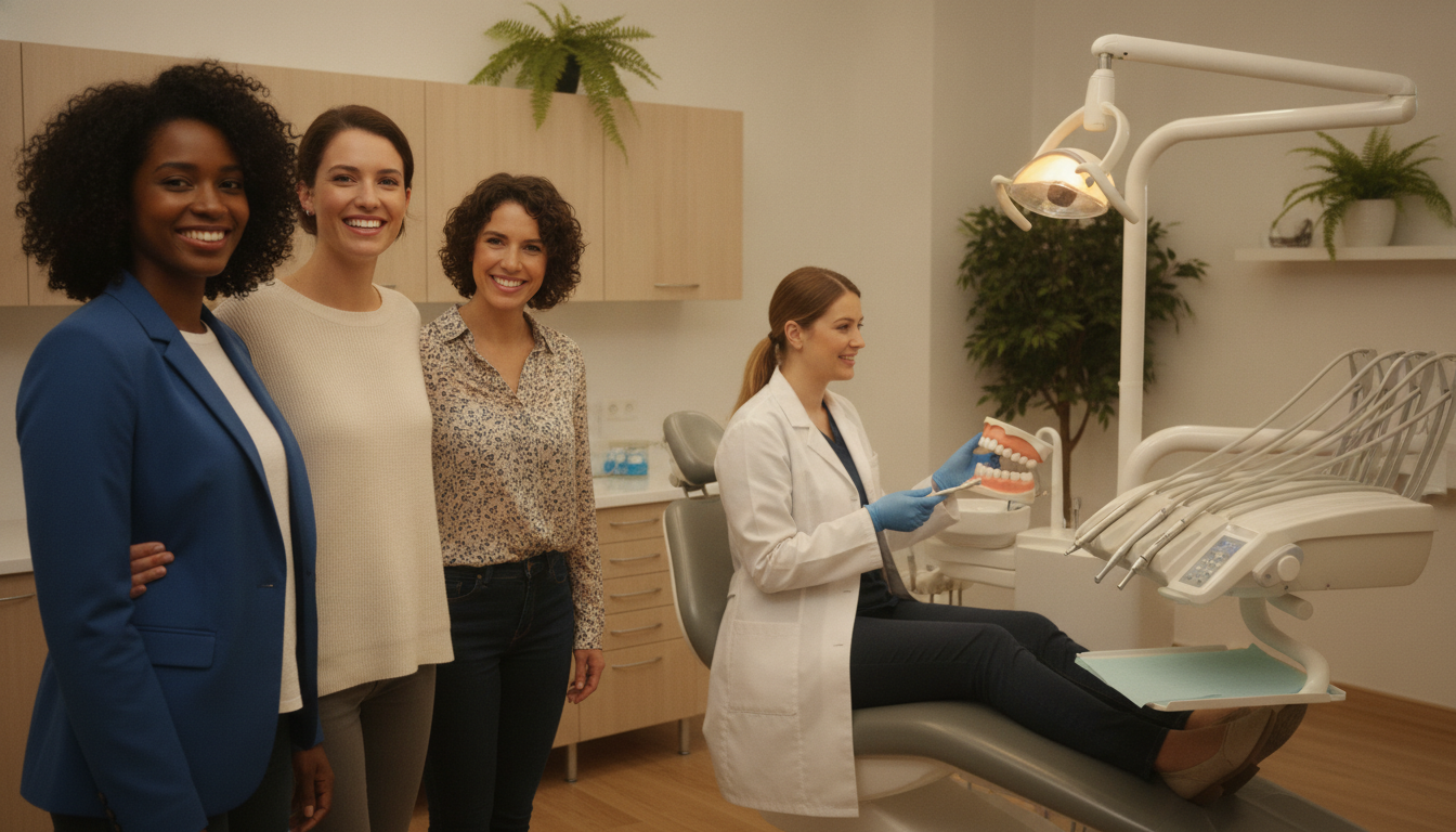 A bright and inviting dental office setting bathed in soft, warm lighting. In the foreground, a diverse group of four smiling adults, dressed in smart casual attire, are standing together with friendly expressions, showcasing their bright, radiant smiles. Their teeth shine while they exhibit confidence and happiness. In the middle ground, a dental professional, in a white coat and gloves, is providing gentle guidance about tooth care to a patient, demonstrating a friendly and approachable atmosphere. The background features modern dental equipment and soothing, light-colored walls adorned with plant decorations, enhancing the serene and welcoming environment. The overall mood is uplifting and reassuring, ideal for encouraging good dental habits.