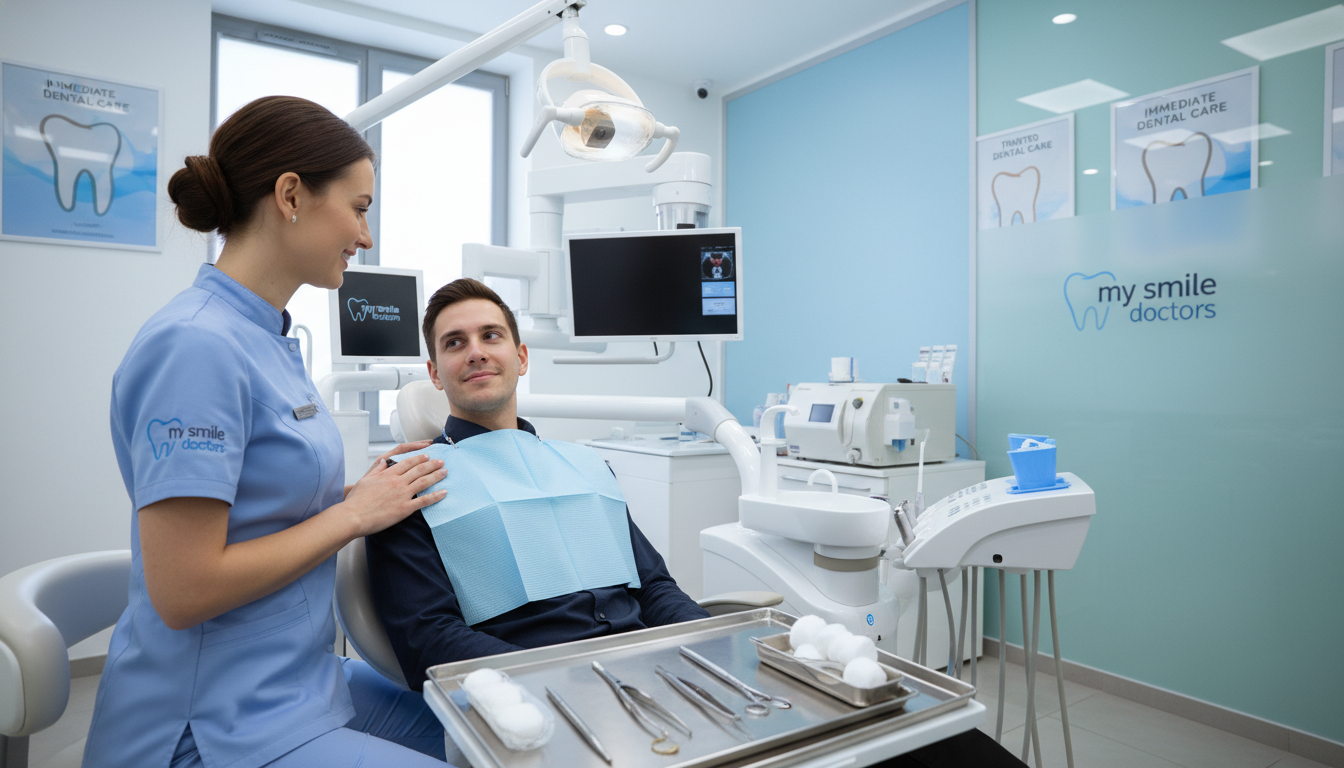 A bright, modern dental clinic interior focusing on immediate emergency care. In the foreground, a compassionate dental professional in smart attire is reassuring a patient sitting in a dental chair, both wearing protective dental bibs. Visible tools on a nearby tray include a dental mirror and forceps, hinting at urgent care. In the middle, a well-stocked dental office stands with advanced dental equipment, bright, hygiene-focused lighting illuminating the scene. The background features calming pastel colors on the walls, and emergency dental care posters. The atmosphere is professional yet warm, conveying trust and care. "my smile doctors" branding is subtly integrated into the design of the clinic. Capture the image from a slight angle to emphasize the interaction, creating depth and focus on the facial expressions. A bright, modern dental clinic interior focusing on immediate emergency care. In the foreground, a compassionate dental professional in smart attire is reassuring a patient sitting in a dental chair, both wearing protective dental bibs. Visible tools on a nearby tray include a dental mirror and forceps, hinting at urgent care. In the middle, a well-stocked dental office stands with advanced dental equipment, bright, hygiene-focused lighting illuminating the scene. The background features calming pastel colors on the walls, and emergency dental care posters. The atmosphere is professional yet warm, conveying trust and care. "my smile doctors" branding is subtly integrated into the design of the clinic. Capture the image from a slight angle to emphasize the interaction, creating depth and focus on the facial expressions.