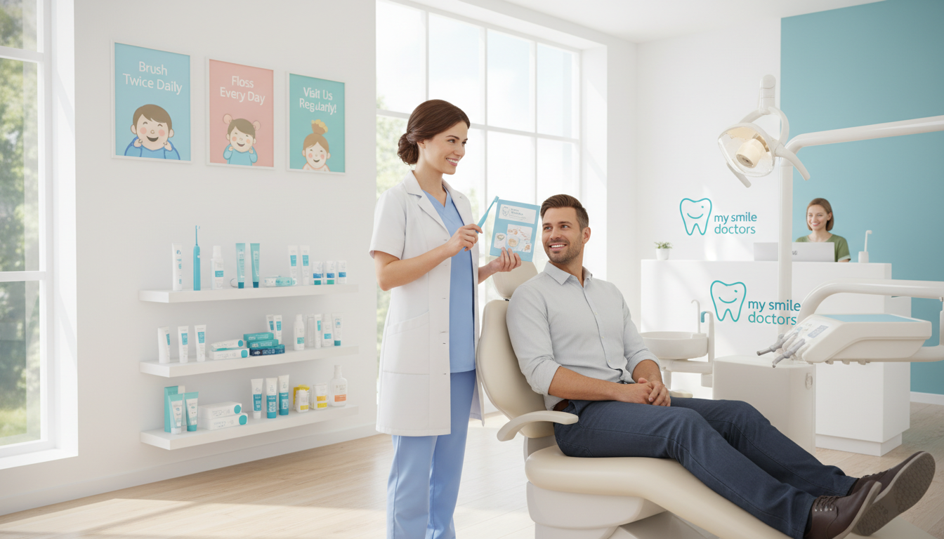 A bright, modern dental office interior, showcasing a pristine environment dedicated to long-term oral health maintenance. In the foreground, a friendly dentist in professional attire holds a toothbrush and dental care guide, smiling warmly at a patient seated in a comfortable dental chair. In the middle background, vibrant posters promoting oral health tips and a display of high-quality dental care products from "my smile doctors" are visible. The lighting is soft and inviting, with natural sunlight streaming through large windows, creating a welcoming atmosphere. The image captures a sense of trust and professionalism, emphasizing preventive dental care and the importance of maintaining a healthy smile for life. A bright, modern dental office interior, showcasing a pristine environment dedicated to long-term oral health maintenance. In the foreground, a friendly dentist in professional attire holds a toothbrush and dental care guide, smiling warmly at a patient seated in a comfortable dental chair. In the middle background, vibrant posters promoting oral health tips and a display of high-quality dental care products from "my smile doctors" are visible. The lighting is soft and inviting, with natural sunlight streaming through large windows, creating a welcoming atmosphere. The image captures a sense of trust and professionalism, emphasizing preventive dental care and the importance of maintaining a healthy smile for life.
