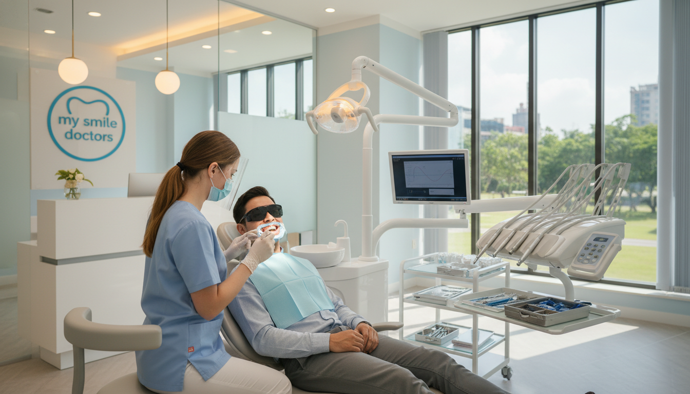 A bright, welcoming dental clinic interior showcasing a teeth whitening treatment in progress. In the foreground, a dentist in professional scrubs carefully applies a whitening gel to a patient’s teeth, who is seated comfortably in a modern dental chair. The patient is smiling, radiating confidence and comfort. The middle ground features dental equipment and a well-organized workstation, highlighting professionalism and cleanliness. The background reveals soft, ambient lighting with calming colors, creating an inviting atmosphere. Large windows let in natural light, enhancing the cheerful environment. The clinic's logo, "my smile doctors," subtly integrated into the decor. The image captures a sense of transformation and care in dental aesthetics, evoking trust and reassurance. A bright, welcoming dental clinic interior showcasing a teeth whitening treatment in progress. In the foreground, a dentist in professional scrubs carefully applies a whitening gel to a patient’s teeth, who is seated comfortably in a modern dental chair. The patient is smiling, radiating confidence and comfort. The middle ground features dental equipment and a well-organized workstation, highlighting professionalism and cleanliness. The background reveals soft, ambient lighting with calming colors, creating an inviting atmosphere. Large windows let in natural light, enhancing the cheerful environment. The clinic's logo, "my smile doctors," subtly integrated into the decor. The image captures a sense of transformation and care in dental aesthetics, evoking trust and reassurance.
