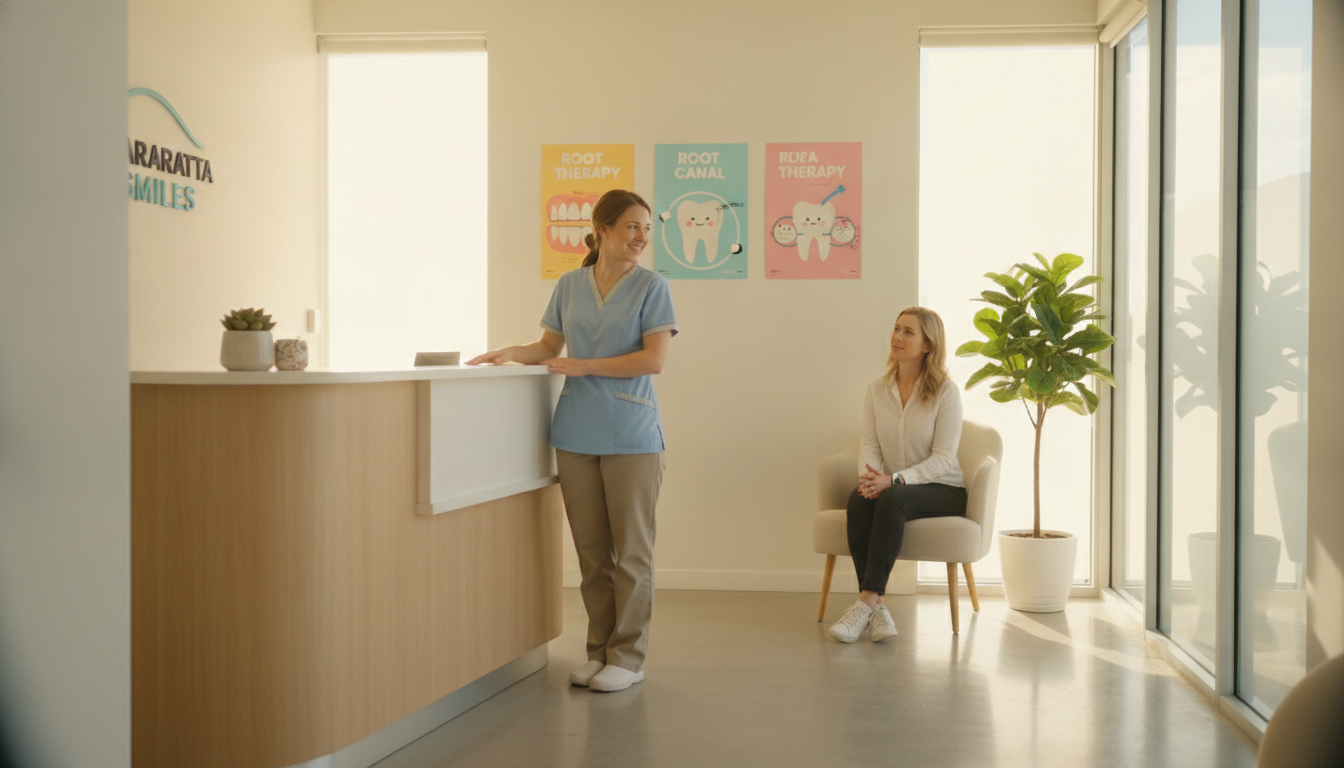 A bright, welcoming dental clinic reception area in Parramatta, Australia, depicting a friendly atmosphere. In the foreground, a professional dental assistant in modest casual clothing stands beside a welcoming reception desk, smiling warmly at a patient sitting on a comfortable chair, looking slightly nervous but reassured. In the middle ground, a colorful wall with dental posters about root canal therapy, along with a small indoor plant adding a touch of life. In the background, large windows allow natural sunlight to flood the room, creating a warm ambiance. The scene is captured with a soft-focus lens, emphasizing the warm colors and inviting details, evoking a sense of comfort and professionalism in dental care.