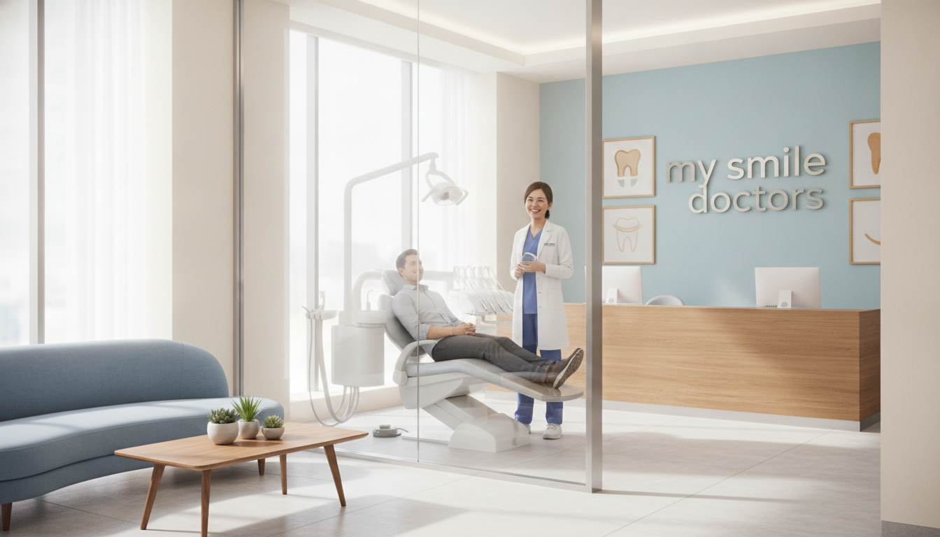 A bright, welcoming dental clinic reception area, showcasing modern design elements. In the foreground, a friendly dentist in professional attire, smiling confidently at a patient seated in a sleek dental chair. The patient looks relaxed and comfortable, illustrating a positive experience. In the middle ground, sophisticated dental equipment is visible, emphasizing professionalism. Soft, natural lighting filters through large windows, creating an inviting atmosphere. The background features calming colors, tastefully arranged dental-related artwork, and a wall displaying the brand name "my smile doctors." The overall mood is warm, friendly, and reassuring, highlighting the key attributes of a top-tier dental clinic that prioritizes patient care.