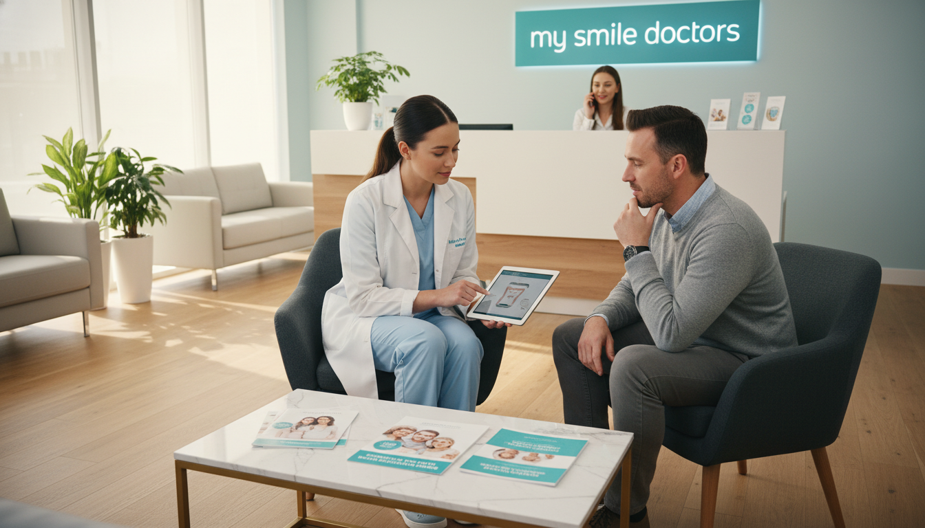 A calm and inviting dental clinic reception area focused on preparing for an emergency dental appointment. In the foreground, a dentist in professional attire is discussing a treatment plan with a patient sitting in a comfortable chair, both appearing relaxed yet attentive. In the middle, there are dental brochures displayed prominently on a sleek modern table, along with a digital tablet showing appointment details. The background features a bright and welcoming reception desk displaying the brand name "my smile doctors." Warm, natural lighting pours in from large windows, creating a soothing atmosphere. Capture this scene from a slightly elevated angle to showcase the environment's comfort and professionalism, evoking a sense of trust and reassurance for potential patients. A calm and inviting dental clinic reception area focused on preparing for an emergency dental appointment. In the foreground, a dentist in professional attire is discussing a treatment plan with a patient sitting in a comfortable chair, both appearing relaxed yet attentive. In the middle, there are dental brochures displayed prominently on a sleek modern table, along with a digital tablet showing appointment details. The background features a bright and welcoming reception desk displaying the brand name "my smile doctors." Warm, natural lighting pours in from large windows, creating a soothing atmosphere. Capture this scene from a slightly elevated angle to showcase the environment's comfort and professionalism, evoking a sense of trust and reassurance for potential patients.