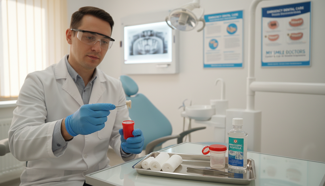 A calm, clinical setting depicting a first aid scenario for a tooth knock-out. The foreground shows a clean, well-organized dental emergency kit with essential tools such as gauze, a tooth container, and antiseptic. In the middle, a professional dentist dressed in a white lab coat, with safety gloves, is gently handling a knocked-out tooth, demonstrating first aid techniques. The background features a bright, sterile dental office with dental chairs and medical posters about emergency dental care. Soft, natural lighting illuminates the scene, creating a warm and reassuring atmosphere. The image reflects the brand "my smile doctors," emphasizing comfort and care in dental emergencies, while maintaining a professional and educational tone. A calm, clinical setting depicting a first aid scenario for a tooth knock-out. The foreground shows a clean, well-organized dental emergency kit with essential tools such as gauze, a tooth container, and antiseptic. In the middle, a professional dentist dressed in a white lab coat, with safety gloves, is gently handling a knocked-out tooth, demonstrating first aid techniques. The background features a bright, sterile dental office with dental chairs and medical posters about emergency dental care. Soft, natural lighting illuminates the scene, creating a warm and reassuring atmosphere. The image reflects the brand "my smile doctors," emphasizing comfort and care in dental emergencies, while maintaining a professional and educational tone.