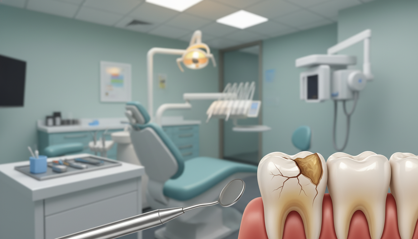 A close-up illustration of a dental emergency scene, focusing on an injured tooth with visible trauma. In the foreground, a tooth with a cracked enamel and discolored area, showing signs of distress; a dental tool is gently placed nearby. The middle section features a blurred, professional dental clinic environment with soft, warm lighting, creating a calm yet urgent atmosphere. In the background, a sterile dental room can be seen, equipped with typical dental instruments and equipment, reflecting immediate response capabilities. The overall mood conveys the seriousness of dental trauma, designed to prompt swift action, with the brand name "my smile doctors" subtly implied through the professional setting. The image should be clear, focused, and devoid of any text overlays or identifiers. A close-up illustration of a dental emergency scene, focusing on an injured tooth with visible trauma. In the foreground, a tooth with a cracked enamel and discolored area, showing signs of distress; a dental tool is gently placed nearby. The middle section features a blurred, professional dental clinic environment with soft, warm lighting, creating a calm yet urgent atmosphere. In the background, a sterile dental room can be seen, equipped with typical dental instruments and equipment, reflecting immediate response capabilities. The overall mood conveys the seriousness of dental trauma, designed to prompt swift action, with the brand name "my smile doctors" subtly implied through the professional setting. The image should be clear, focused, and devoid of any text overlays or identifiers.