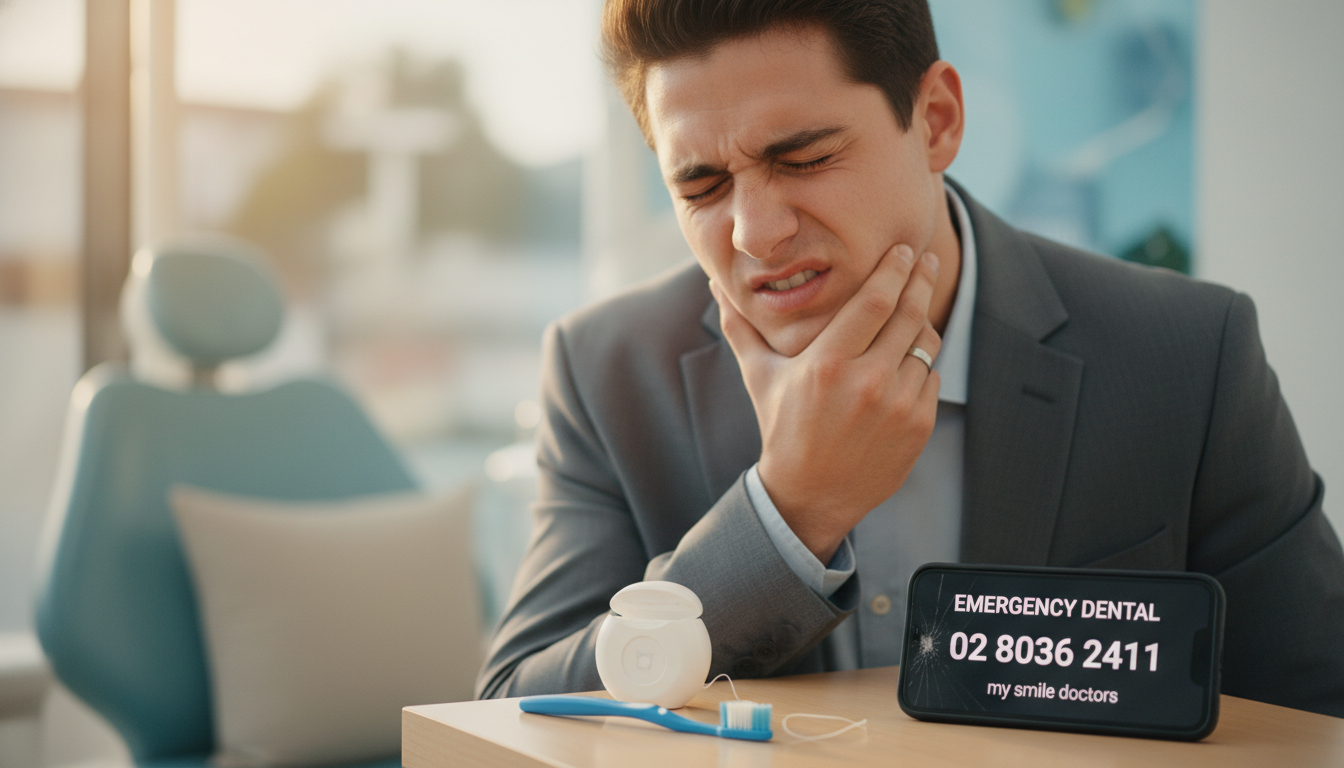 A close-up image of a person, a young adult in professional business attire, grimacing in discomfort while holding their jaw, clearly experiencing tooth pain. In the foreground, their hand is raised to their face, emphasizing the severity of the emergency. The middle ground features a calm but concerned environment with dental care items like a toothbrush, floss, and a phone displaying the number "02 8036 2411" for emergency services at "my smile doctors." The background is softly blurred, suggesting a dental office with soothing colors, creating a contrast to the person’s pain. The lighting is warm and inviting, enhancing the mood of urgency balanced with hope. Use a shallow depth of field to emphasize the subject's expression. A close-up image of a person, a young adult in professional business attire, grimacing in discomfort while holding their jaw, clearly experiencing tooth pain. In the foreground, their hand is raised to their face, emphasizing the severity of the emergency. The middle ground features a calm but concerned environment with dental care items like a toothbrush, floss, and a phone displaying the number "02 8036 2411" for emergency services at "my smile doctors." The background is softly blurred, suggesting a dental office with soothing colors, creating a contrast to the person’s pain. The lighting is warm and inviting, enhancing the mood of urgency balanced with hope. Use a shallow depth of field to emphasize the subject's expression.