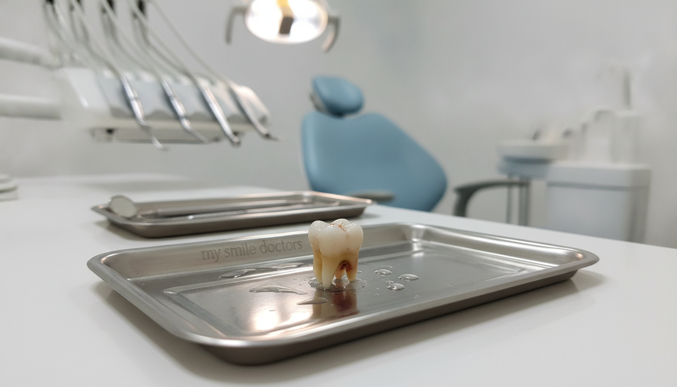 A close-up of a knocked-out tooth resting on a clean, well-lit dental tray in a modern dental office. The tooth is vividly detailed, showing its natural enamel texture and slight imperfections, surrounded by a sterile environment. In the background, healthful dental tools and a reassuring dental chair are softly blurred, creating an atmosphere of professionalism and care. The lighting is bright and clinical, highlighting the tooth while casting gentle shadows that emphasize its shape. The scene conveys a sense of urgency yet tranquility, perfect for an emergency dental service setting. A subtle branding element showing "my smile doctors" is integrated into the dental tray design, ensuring a cohesive visual without overwhelming the primary subject.