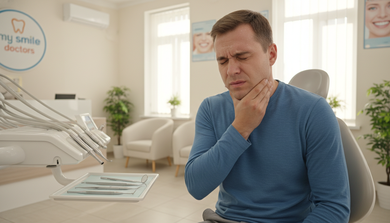 A close-up of a person clutching their jaw in distress, conveying sharp tooth pain. The individual, dressed in modest casual clothing, appears worried and uncomfortable, with sweat on their forehead to emphasize the urgency of the situation. The foreground contains a dental examination chair with dental tools placed neatly beside it, highlighting the context of dental care. In the middle ground, a soothing environment of a modern dental clinic is visible, with soft, natural lighting casting a warm glow that contrasts the tension of the facial expression. The background features calming dental posters and potted plants, creating an atmosphere of professionalism. On the wall, partially obscured but clearly visible, is a logo reading "my smile doctors." The mood blends urgency with a sense of hope for resolution through prompt intervention. A close-up of a person clutching their jaw in distress, conveying sharp tooth pain. The individual, dressed in modest casual clothing, appears worried and uncomfortable, with sweat on their forehead to emphasize the urgency of the situation. The foreground contains a dental examination chair with dental tools placed neatly beside it, highlighting the context of dental care. In the middle ground, a soothing environment of a modern dental clinic is visible, with soft, natural lighting casting a warm glow that contrasts the tension of the facial expression. The background features calming dental posters and potted plants, creating an atmosphere of professionalism. On the wall, partially obscured but clearly visible, is a logo reading "my smile doctors." The mood blends urgency with a sense of hope for resolution through prompt intervention.