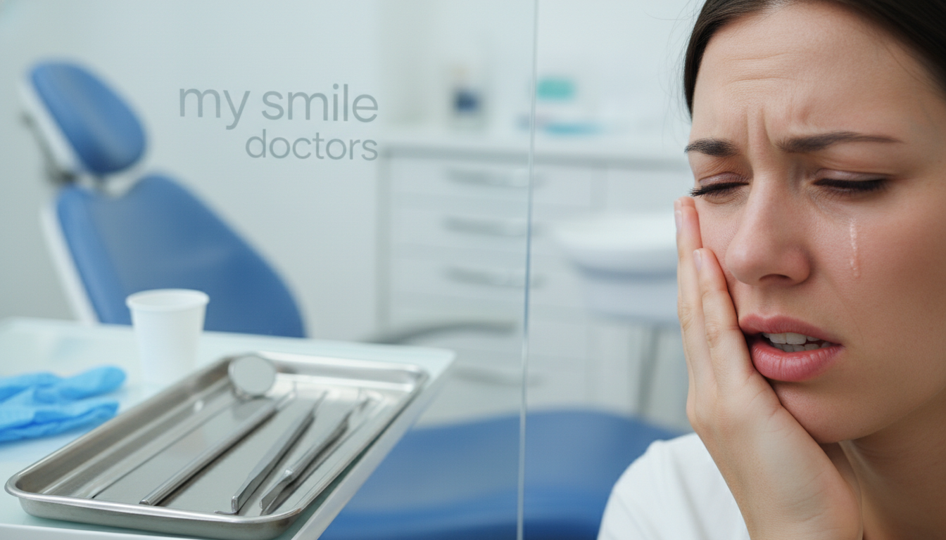 A close-up of a person holding their jaw in distress, symbolizing severe tooth pain. The foreground features their expression, showing a mix of discomfort and concern, with fingers pressing against the cheek. In the middle, a dental clinic setting is illustrated, with tools like an oral mirror and dental pick neatly arranged on a nearby counter. The background showcases a bright, sterile environment common to dental offices, with soft lighting illuminating the scene. Use a shallow depth of field to keep the focus on the person's expression, creating an empathetic mood. The overall atmosphere should feel urgent yet professional, evoking a need for immediate dental care. Include a subtle branding element of "my smile doctors" in the clinic setting without detracting from the central theme. A close-up of a person holding their jaw in distress, symbolizing severe tooth pain. The foreground features their expression, showing a mix of discomfort and concern, with fingers pressing against the cheek. In the middle, a dental clinic setting is illustrated, with tools like an oral mirror and dental pick neatly arranged on a nearby counter. The background showcases a bright, sterile environment common to dental offices, with soft lighting illuminating the scene. Use a shallow depth of field to keep the focus on the person's expression, creating an empathetic mood. The overall atmosphere should feel urgent yet professional, evoking a need for immediate dental care. Include a subtle branding element of "my smile doctors" in the clinic setting without detracting from the central theme.