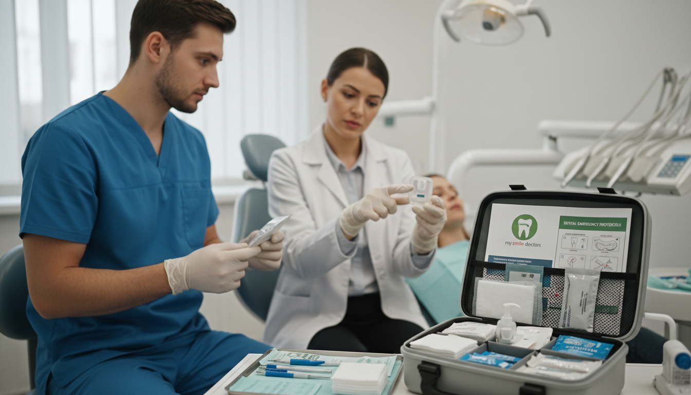 A close-up scene depicting immediate first aid for dental trauma. Foreground features a well-organized first aid kit, with dental care items such as gauze, antiseptic wipes, and a dental emergency instruction pamphlet prominently displayed. In the middle, a set of professional business attire-clad medical personnel, a dentist and a dental assistant, demonstrating proper techniques for treating a dental injury, showing focused expressions. The background includes a clean, well-lit dental office with a dental chair and supportive equipment to create a medical atmosphere. Soft, natural lighting casts gentle shadows, enhancing the sense of urgency and professionalism. The brand "my smile doctors" is subtly integrated into the scene with a logo on the first aid kit. The overall mood is one of calm and assurance, indicating readiness to help. A close-up scene depicting immediate first aid for dental trauma. Foreground features a well-organized first aid kit, with dental care items such as gauze, antiseptic wipes, and a dental emergency instruction pamphlet prominently displayed. In the middle, a set of professional business attire-clad medical personnel, a dentist and a dental assistant, demonstrating proper techniques for treating a dental injury, showing focused expressions. The background includes a clean, well-lit dental office with a dental chair and supportive equipment to create a medical atmosphere. Soft, natural lighting casts gentle shadows, enhancing the sense of urgency and professionalism. The brand "my smile doctors" is subtly integrated into the scene with a logo on the first aid kit. The overall mood is one of calm and assurance, indicating readiness to help.