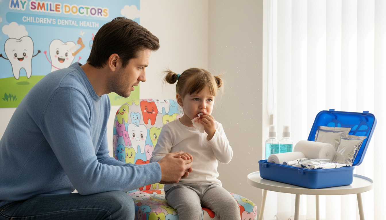 A close-up scene of a first aid response for a knocked-out tooth, featuring a concerned parent and a child sitting in a bright, welcoming dental clinic. The parent, dressed in modest casual clothing, gently holds the child's hand, while the child, showcasing a slightly distressed expression, has a missing tooth and a small, blood-stained tissue placed carefully near their mouth. The background highlights a colorful dental care chart and soft, natural light filtering through a window, creating a calm atmosphere. A first aid kit with dental supplies, like gauze and a cold pack, is placed on a nearby table. The scene embodies empathy and urgency, showcasing "my smile doctors" commitment to children's dental health. A close-up scene of a first aid response for a knocked-out tooth, featuring a concerned parent and a child sitting in a bright, welcoming dental clinic. The parent, dressed in modest casual clothing, gently holds the child's hand, while the child, showcasing a slightly distressed expression, has a missing tooth and a small, blood-stained tissue placed carefully near their mouth. The background highlights a colorful dental care chart and soft, natural light filtering through a window, creating a calm atmosphere. A first aid kit with dental supplies, like gauze and a cold pack, is placed on a nearby table. The scene embodies empathy and urgency, showcasing "my smile doctors" commitment to children's dental health.