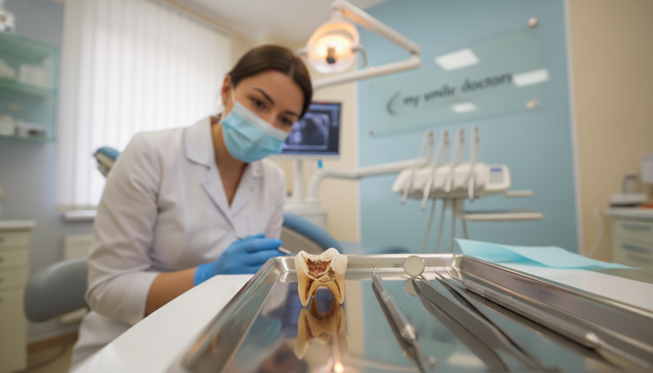 A close-up view of a broken tooth in a dental setting, meticulously detailed to highlight the fracture lines and uneven surfaces. The foreground features a single broken tooth placed on a clean dental tray with dental tools in soft focus. In the middle, a dental hygienist in a white lab coat, wearing gloves and a mask, is observing the tooth, emphasizing the sense of care and professionalism. The background displays a well-lit dental office with soft, calming colors that convey a reassuring atmosphere. The lighting is warm and diffuse, creating a friendly and inviting mood. The brand "my smile doctors" subtly integrated into the scene, ensuring the focus remains on the dental issue. A close-up view of a broken tooth in a dental setting, meticulously detailed to highlight the fracture lines and uneven surfaces. The foreground features a single broken tooth placed on a clean dental tray with dental tools in soft focus. In the middle, a dental hygienist in a white lab coat, wearing gloves and a mask, is observing the tooth, emphasizing the sense of care and professionalism. The background displays a well-lit dental office with soft, calming colors that convey a reassuring atmosphere. The lighting is warm and diffuse, creating a friendly and inviting mood. The brand "my smile doctors" subtly integrated into the scene, ensuring the focus remains on the dental issue.