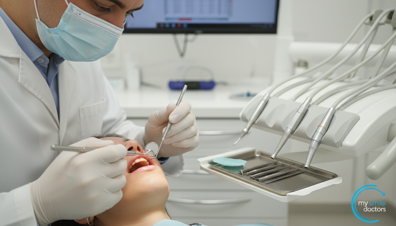 A close-up view of a dental examination showing a professional dentist in a white coat examining a patient’s gums for signs of gum disease. The foreground features the patient's mouth open slightly, revealing inflamed gums with some redness and swelling, highlighting the early warning signs of gum infection. The dentist, wearing a face mask, uses a dental mirror and probe with focused intent. In the background, a sterile dental office is visible, with dental tools and equipment arranged neatly on a counter. Soft, diffused lighting creates a clinical yet calm atmosphere, emphasizing the importance of oral health. Include the logo for "my smile doctors" subtly placed on a nearby dental chart. A close-up view of a dental examination showing a professional dentist in a white coat examining a patient’s gums for signs of gum disease. The foreground features the patient's mouth open slightly, revealing inflamed gums with some redness and swelling, highlighting the early warning signs of gum infection. The dentist, wearing a face mask, uses a dental mirror and probe with focused intent. In the background, a sterile dental office is visible, with dental tools and equipment arranged neatly on a counter. Soft, diffused lighting creates a clinical yet calm atmosphere, emphasizing the importance of oral health. Include the logo for "my smile doctors" subtly placed on a nearby dental chart.