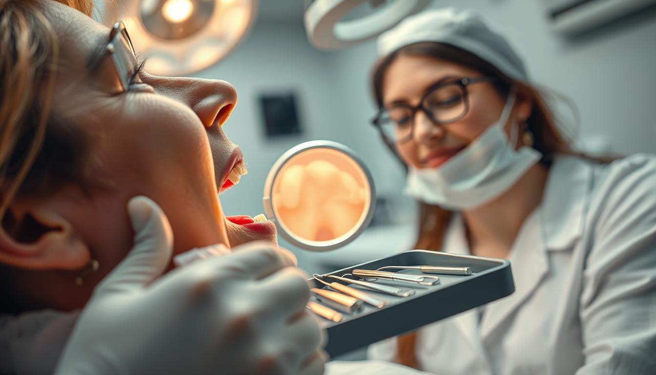A close-up view of a dental office with a focus on a delicate surgical area following wisdom tooth removal. In the foreground, a skilled dentist, wearing a white coat and protective gloves, examines a patient’s mouth with an illuminated dental mirror, showing signs of mild inflammation. In the middle, a detailed tray of dental tools, like forceps and scalpel, reflects the surgical context. The background features a well-organized dental office with soft, diffused lighting creating a calm atmosphere. The angle is slightly tilted to emphasize the dentist's careful examination and the patient’s attentive expression, conveying professionalism and concern. The overall mood is clinical yet reassuring, highlighting the importance of recognizing infection signs post-surgery.