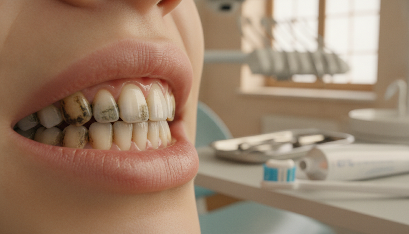 A close-up view of a human mouth showcasing stained and discolored teeth, emphasizing the contrast between unhealthy and healthy enamel. The foreground highlights a set of teeth with varying shades of yellow and brown, illustrating common causes of tooth discoloration like coffee stains, smoking, or specific foods. The middle ground includes a toothbrush and whitening toothpaste, symbolizing potential solutions, while the background features a softly blurred dental office setting, infused with warm, subtle lighting to create a professional and inviting atmosphere. The angle is slightly tilted to draw attention to the teeth, and the image evokes a sense of concern blended with hope for brighter, healthier smiles.