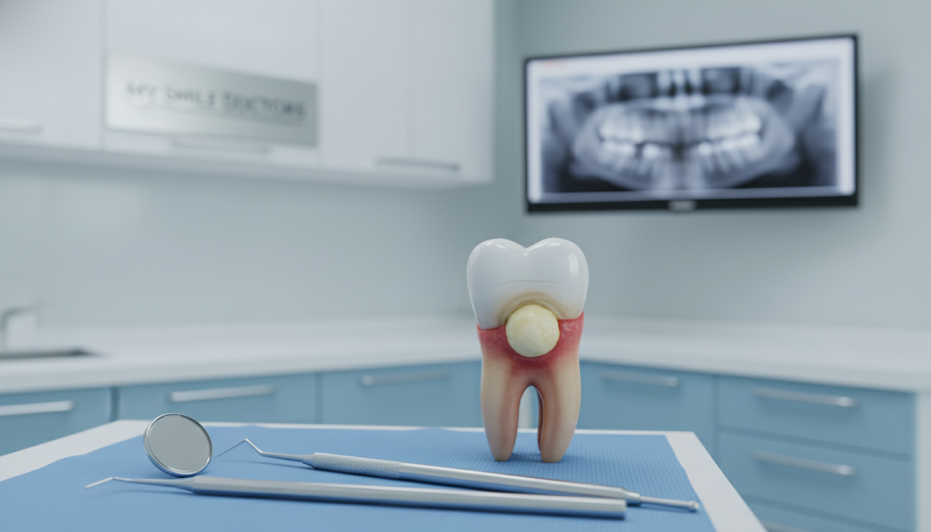 A close-up view of a human tooth affected by a dental abscess, showcasing the painful swelling and redness around the gum area. In the foreground, focus on the tooth, emphasizing details like the glossy enamel, a yellowish pus-filled pocket at the base, and surrounding inflamed tissue. The middle layer should include dental tools like a mirror and probe, arranged neatly on a sterile blue cloth, symbolizing an emergency dental setting. The background features a bright, modern dental office with soft lighting, conveying a sense of urgency and professionalism. The mood is serious yet hopeful, indicating the importance of immediate treatment. Include a subtle branding element for "my smile doctors" within the dental office setting, ensuring a clean and professional appearance. A close-up view of a human tooth affected by a dental abscess, showcasing the painful swelling and redness around the gum area. In the foreground, focus on the tooth, emphasizing details like the glossy enamel, a yellowish pus-filled pocket at the base, and surrounding inflamed tissue. The middle layer should include dental tools like a mirror and probe, arranged neatly on a sterile blue cloth, symbolizing an emergency dental setting. The background features a bright, modern dental office with soft lighting, conveying a sense of urgency and professionalism. The mood is serious yet hopeful, indicating the importance of immediate treatment. Include a subtle branding element for "my smile doctors" within the dental office setting, ensuring a clean and professional appearance.