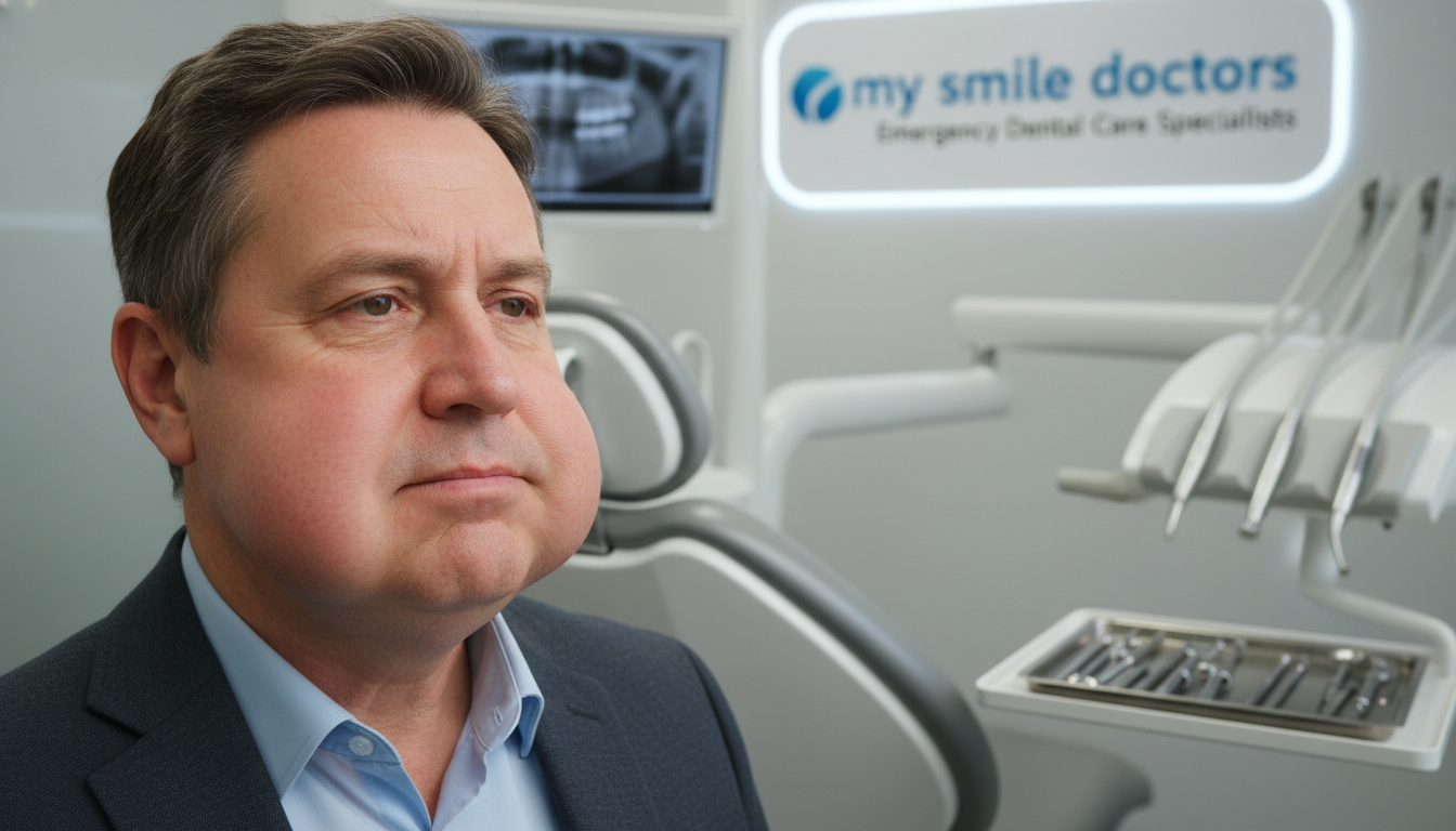 A close-up view of a patient's face displaying facial swelling, particularly around the cheeks and jawline, indicative of dental distress. The individual, a middle-aged person with an empathetic expression, is dressed in a modest, professional outfit. Soft, diffused lighting highlights the contours of the swollen areas, creating a somber yet informative atmosphere. In the background, a dental clinic scene subtly fades away, featuring dental tools and a comfortable examination chair, ensuring the focus remains on the symptom. The image should communicate urgency while maintaining a clinical and educational tone. Emphasize the brand "my smile doctors" through a visual connection to the setting, aligning it with specialized emergency dental care. A close-up view of a patient's face displaying facial swelling, particularly around the cheeks and jawline, indicative of dental distress. The individual, a middle-aged person with an empathetic expression, is dressed in a modest, professional outfit. Soft, diffused lighting highlights the contours of the swollen areas, creating a somber yet informative atmosphere. In the background, a dental clinic scene subtly fades away, featuring dental tools and a comfortable examination chair, ensuring the focus remains on the symptom. The image should communicate urgency while maintaining a clinical and educational tone. Emphasize the brand "my smile doctors" through a visual connection to the setting, aligning it with specialized emergency dental care.