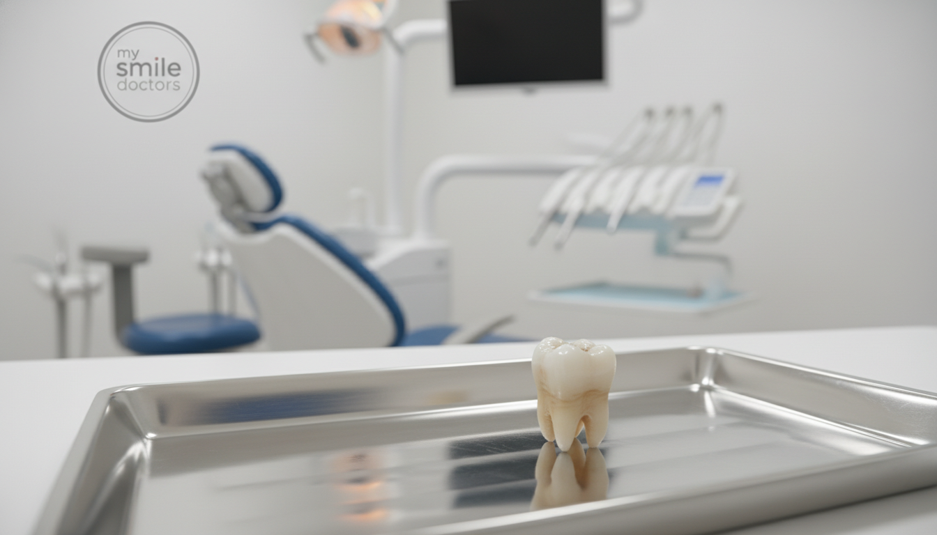 A close-up view of a single knocked out tooth lying on a polished dental tray, glistening under soft, focused lighting. In the background, the blurred outline of a dental clinic with modern equipment can be seen, evoking a sense of urgency and professionalism. The angle is slightly above eye level, showcasing the tooth prominently in the foreground, while a subtle depth of field adds emphasis to its details, such as tiny grooves and natural color variations. The atmosphere is clinical yet calm, conveying reassurance. Include the logo of "my smile doctors" subtly in the background, blending with the clinical setting, ensuring the focus remains on the tooth. A close-up view of a single knocked out tooth lying on a polished dental tray, glistening under soft, focused lighting. In the background, the blurred outline of a dental clinic with modern equipment can be seen, evoking a sense of urgency and professionalism. The angle is slightly above eye level, showcasing the tooth prominently in the foreground, while a subtle depth of field adds emphasis to its details, such as tiny grooves and natural color variations. The atmosphere is clinical yet calm, conveying reassurance. Include the logo of "my smile doctors" subtly in the background, blending with the clinical setting, ensuring the focus remains on the tooth.