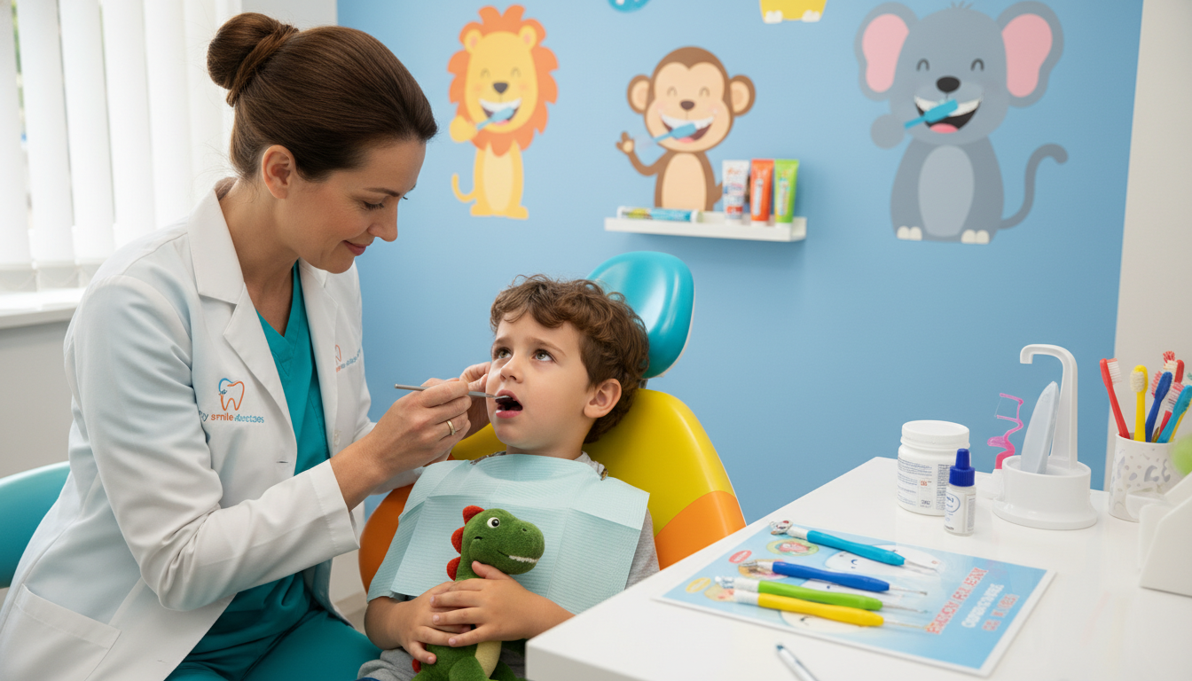 A compassionate pediatric dentist in professional attire gently examines a young child's mouth in a brightly lit, cheerful dental office. The foreground shows the child, sitting comfortably in a dental chair, with a concerned yet calm expression, while the dentist, a friendly middle-aged woman, smiles reassuringly. In the middle, dental tools and a colorful children's dental chart are visible, emphasizing the emergency care theme. The background features colorful wall decals of animals and dental hygiene products, creating a welcoming atmosphere. Soft, natural lighting illuminates the scene, enhancing the warm colors of the décor. The overall mood conveys a sense of safety and care, reflecting the importance of providing emergency dental care for children. The logo "my smile doctors" is subtly integrated into the environment without overt branding. A compassionate pediatric dentist in professional attire gently examines a young child's mouth in a brightly lit, cheerful dental office. The foreground shows the child, sitting comfortably in a dental chair, with a concerned yet calm expression, while the dentist, a friendly middle-aged woman, smiles reassuringly. In the middle, dental tools and a colorful children's dental chart are visible, emphasizing the emergency care theme. The background features colorful wall decals of animals and dental hygiene products, creating a welcoming atmosphere. Soft, natural lighting illuminates the scene, enhancing the warm colors of the décor. The overall mood conveys a sense of safety and care, reflecting the importance of providing emergency dental care for children. The logo "my smile doctors" is subtly integrated into the environment without overt branding.