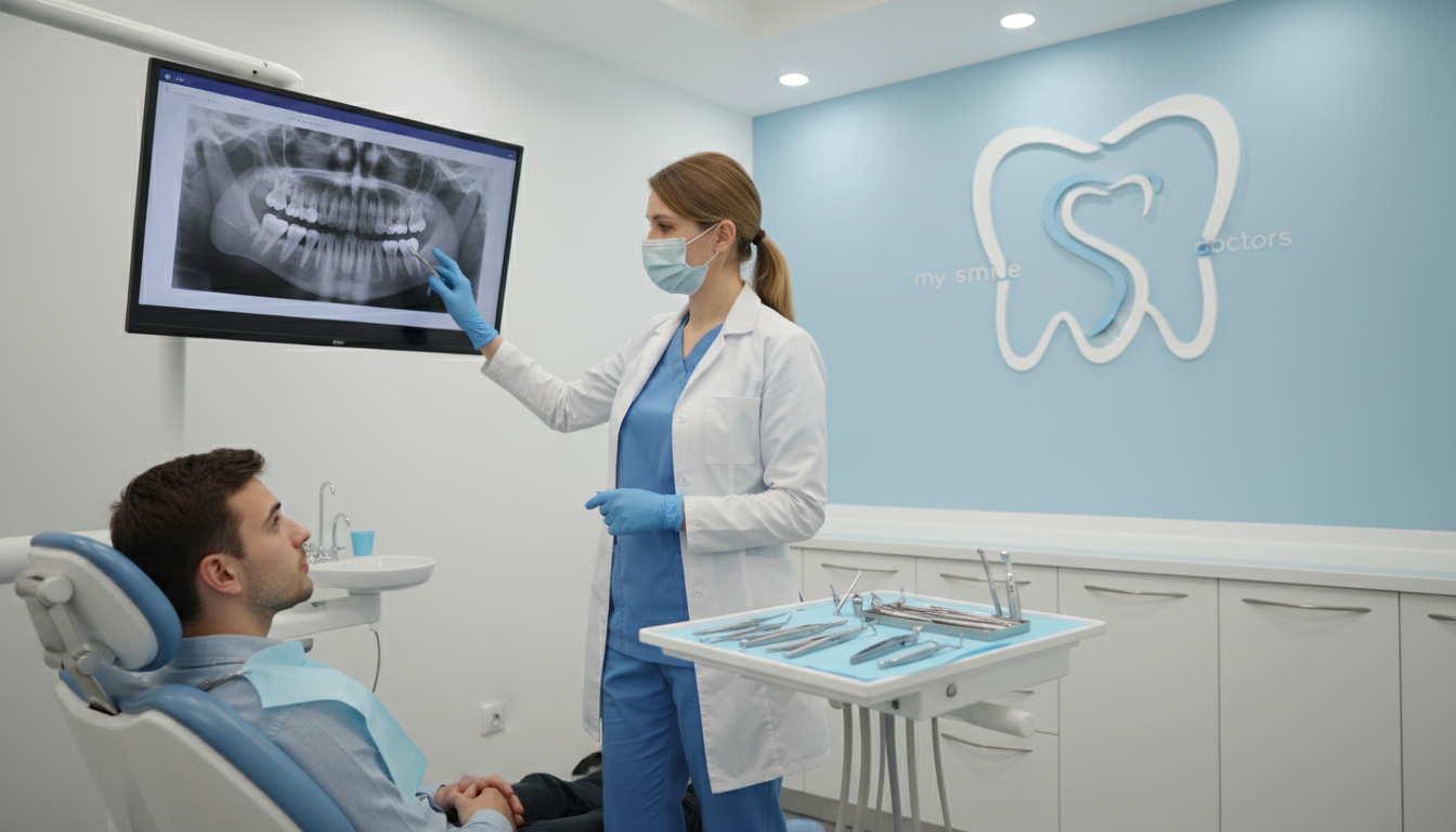 A dental clinic interior scene featuring a modern, bright examination room with dental equipment neatly arranged. In the foreground, a dentist in professional attire, wearing a mask and gloves, carefully examines a patient's dental X-ray on a screen, illustrating the process of an emergency dental extraction. In the middle ground, a dental chair with a sterile setup and tools like extraction forceps and suction devices prominently displayed. The background showcases calming blue and white color tones, with soft lighting from ceiling fixtures creating an inviting atmosphere. The brand name "my smile doctors" is subtly represented in decor without being text; it can be seen in the design of a dental cabinet. The mood is reassuring and professional, emphasizing quality care in urgent situations. A dental clinic interior scene featuring a modern, bright examination room with dental equipment neatly arranged. In the foreground, a dentist in professional attire, wearing a mask and gloves, carefully examines a patient's dental X-ray on a screen, illustrating the process of an emergency dental extraction. In the middle ground, a dental chair with a sterile setup and tools like extraction forceps and suction devices prominently displayed. The background showcases calming blue and white color tones, with soft lighting from ceiling fixtures creating an inviting atmosphere. The brand name "my smile doctors" is subtly represented in decor without being text; it can be seen in the design of a dental cabinet. The mood is reassuring and professional, emphasizing quality care in urgent situations.