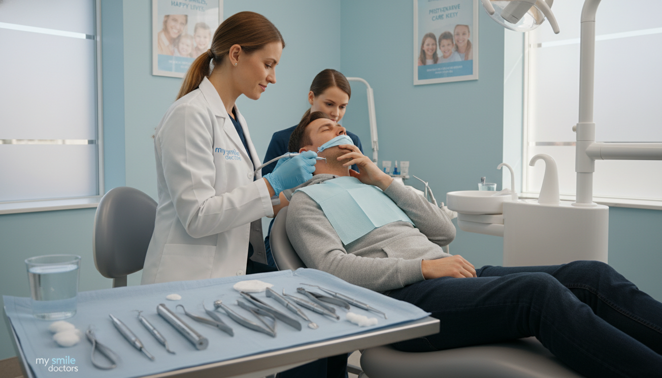 A dental emergency scene set in a modern, well-lit dental clinic. In the foreground, a concerned patient, wearing casual yet modest clothing, is receiving urgent care from a professional dentist in a white coat, showcasing empathy and attentiveness. In the middle ground, dental tools and equipment are neatly arranged on a clean counter, hinting at the immediate response required. The background features calming blue walls with motivational dental health posters, creating a reassuring atmosphere. Soft, natural lighting filters in through large windows, reflecting a sense of urgency yet comfort. The brand name "my smile doctors" is subtly included in a logo on the dental tools without overshadowing the scene's focus. The overall mood conveys urgency and professionalism in dental care. A dental emergency scene set in a modern, well-lit dental clinic. In the foreground, a concerned patient, wearing casual yet modest clothing, is receiving urgent care from a professional dentist in a white coat, showcasing empathy and attentiveness. In the middle ground, dental tools and equipment are neatly arranged on a clean counter, hinting at the immediate response required. The background features calming blue walls with motivational dental health posters, creating a reassuring atmosphere. Soft, natural lighting filters in through large windows, reflecting a sense of urgency yet comfort. The brand name "my smile doctors" is subtly included in a logo on the dental tools without overshadowing the scene's focus. The overall mood conveys urgency and professionalism in dental care.