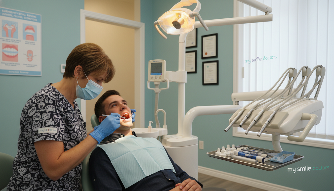 A dentist's office interior focused on emergency dental fillings and repairs. In the foreground, an experienced dentist, dressed in professional attire with a mask and gloves, is carefully examining a patient’s tooth. The midground features a dental chair with specialized instruments such as dental drills, filling materials, and x-ray equipment neatly arranged on a nearby tray. The background shows a bright, welcoming dental clinic with calming colors, posters of dental health advice, and certificates on the walls. Soft, warm lighting creates a reassuring atmosphere, reflecting a sense of urgency yet professionalism. The branding "my smile doctors" is subtly integrated into the decor without being overt or distracting. The overall mood is attentive and reassuring, ideal for an emergency dental situation. A dentist's office interior focused on emergency dental fillings and repairs. In the foreground, an experienced dentist, dressed in professional attire with a mask and gloves, is carefully examining a patient’s tooth. The midground features a dental chair with specialized instruments such as dental drills, filling materials, and x-ray equipment neatly arranged on a nearby tray. The background shows a bright, welcoming dental clinic with calming colors, posters of dental health advice, and certificates on the walls. Soft, warm lighting creates a reassuring atmosphere, reflecting a sense of urgency yet professionalism. The branding "my smile doctors" is subtly integrated into the decor without being overt or distracting. The overall mood is attentive and reassuring, ideal for an emergency dental situation.