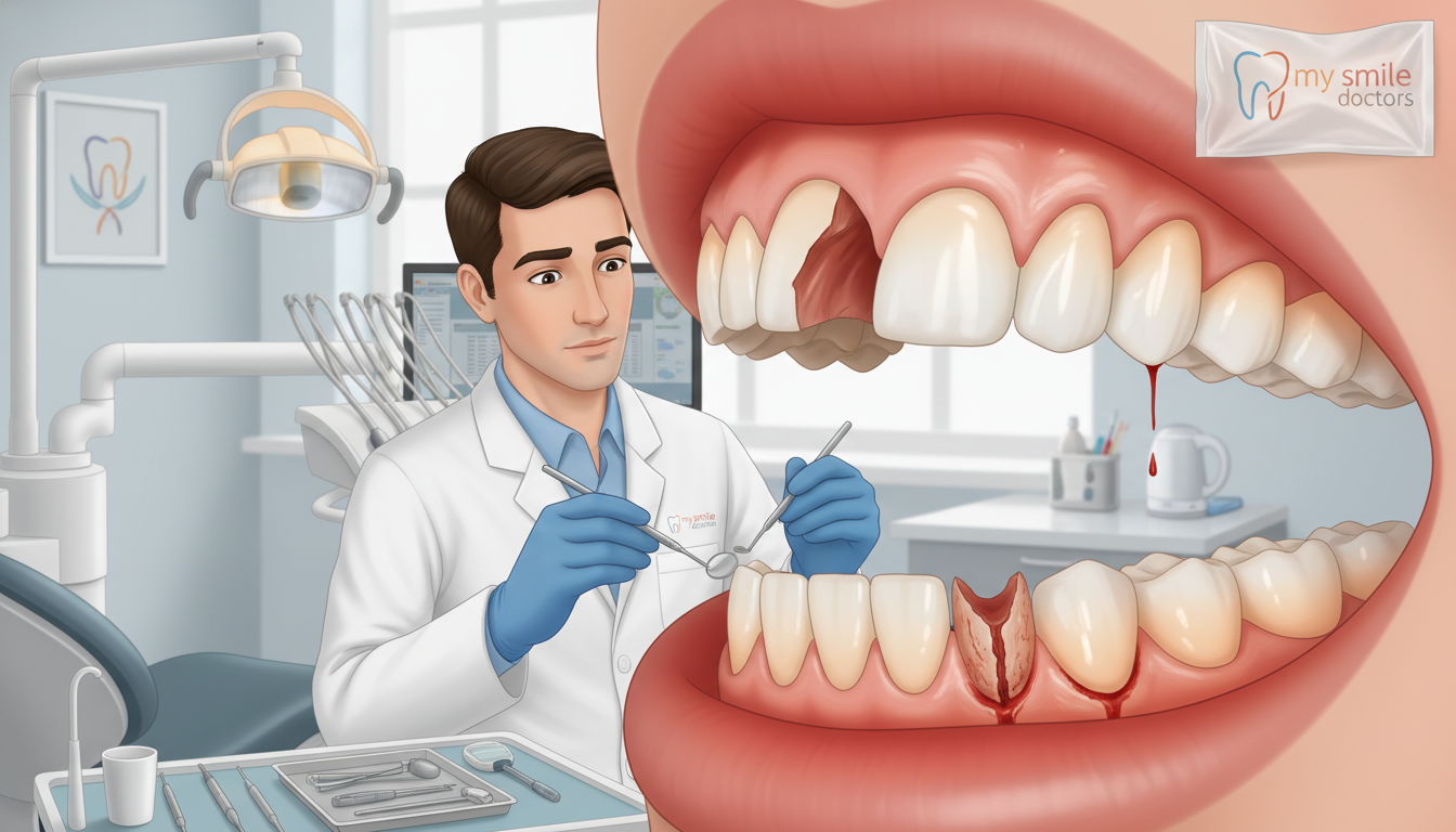 A detailed illustration of common types of traumatic dental injuries. Foreground: close-up of a human mouth with various dental injuries, showing a chipped tooth, a knocked-out tooth, and gum lacerations, all depicted in a clinical and educational manner. Middle ground: a dental professional in a white coat and gloves, examining the mouth with dental tools, focusing on the injuries, conveying expertise and care. Background: a well-lit dental clinic setting with tools and equipment visible, providing context. Soft, natural lighting enhances the clinical atmosphere, creating a serious but reassuring mood. Shot with a slight angle to emphasize the dental injuries. The brand "my smile doctors" subtly represented in the clinic decor, ensuring a professional and informative vibe without any text overlays. A detailed illustration of common types of traumatic dental injuries. Foreground: close-up of a human mouth with various dental injuries, showing a chipped tooth, a knocked-out tooth, and gum lacerations, all depicted in a clinical and educational manner. Middle ground: a dental professional in a white coat and gloves, examining the mouth with dental tools, focusing on the injuries, conveying expertise and care. Background: a well-lit dental clinic setting with tools and equipment visible, providing context. Soft, natural lighting enhances the clinical atmosphere, creating a serious but reassuring mood. Shot with a slight angle to emphasize the dental injuries. The brand "my smile doctors" subtly represented in the clinic decor, ensuring a professional and informative vibe without any text overlays.