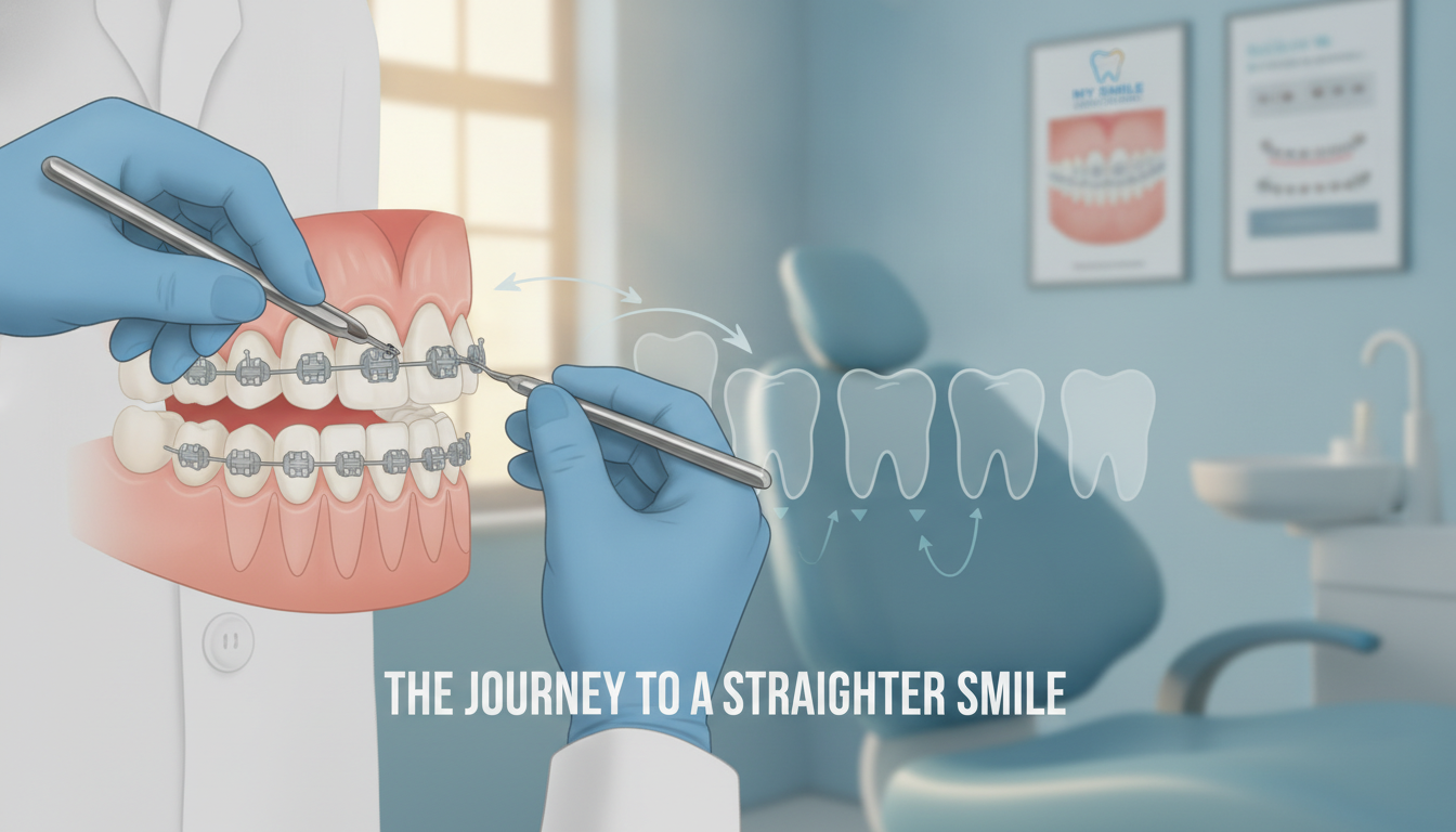 A detailed illustration of how braces work to straighten teeth, showcasing a close-up view of a set of teeth with metal braces attached. In the foreground, highlight a pair of hands adjusting the braces with orthodontic tools, wearing professional attire. The middle ground features a diagrammatic representation of teeth movement, with arrows indicating the gradual alignment process. The background displays a warmly lit dental office environment, with a comfortable dental chair and posters about orthodontics on the walls. Soft, natural lighting enhances the professional atmosphere, and the overall mood conveys a sense of trust and care. The brand "my smile doctors" is subtly integrated into the dental office scenery, promoting a welcoming experience. A detailed illustration of how braces work to straighten teeth, showcasing a close-up view of a set of teeth with metal braces attached. In the foreground, highlight a pair of hands adjusting the braces with orthodontic tools, wearing professional attire. The middle ground features a diagrammatic representation of teeth movement, with arrows indicating the gradual alignment process. The background displays a warmly lit dental office environment, with a comfortable dental chair and posters about orthodontics on the walls. Soft, natural lighting enhances the professional atmosphere, and the overall mood conveys a sense of trust and care. The brand "my smile doctors" is subtly integrated into the dental office scenery, promoting a welcoming experience.