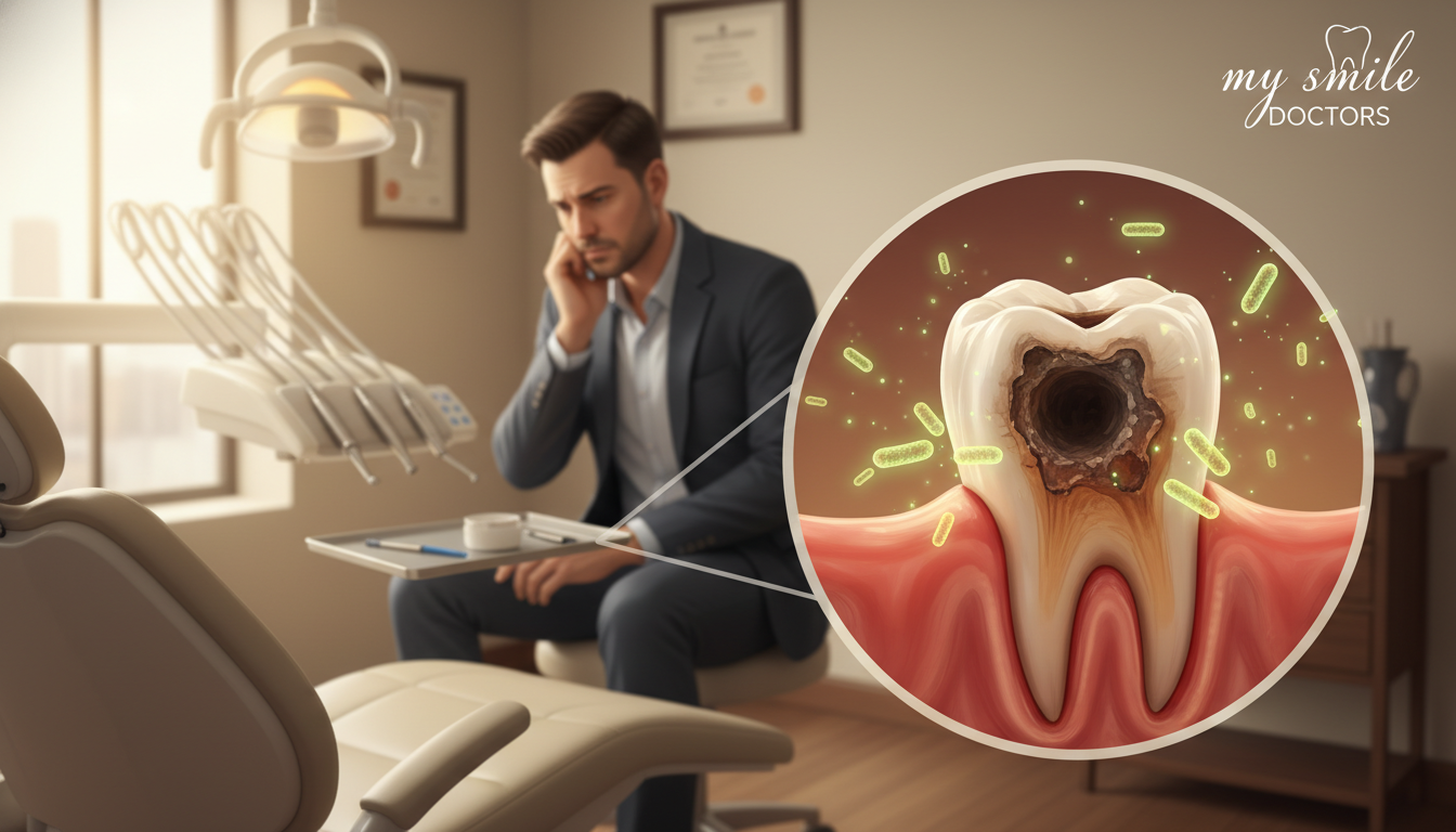 A detailed illustration of the potential risks associated with tooth infections, featuring a close-up of an infected tooth in the foreground. The tooth should appear swollen, with signs of decay and redness, surrounded by a subtle visual representation of bacteria. In the middle ground, include a blurred image of a worried patient, wearing professional business attire, contemplating their dental health. The background should depict a cozy dental office setting, with dental tools and a chair visible. Soft, warm lighting should create a sense of urgency yet comfort, emphasizing the importance of timely dental care. Aim for a realistic style, with a focus on the emotional impact of dental neglect. Incorporate the brand name "my smile doctors" subtly in the scene. A detailed illustration of the potential risks associated with tooth infections, featuring a close-up of an infected tooth in the foreground. The tooth should appear swollen, with signs of decay and redness, surrounded by a subtle visual representation of bacteria. In the middle ground, include a blurred image of a worried patient, wearing professional business attire, contemplating their dental health. The background should depict a cozy dental office setting, with dental tools and a chair visible. Soft, warm lighting should create a sense of urgency yet comfort, emphasizing the importance of timely dental care. Aim for a realistic style, with a focus on the emotional impact of dental neglect. Incorporate the brand name "my smile doctors" subtly in the scene.