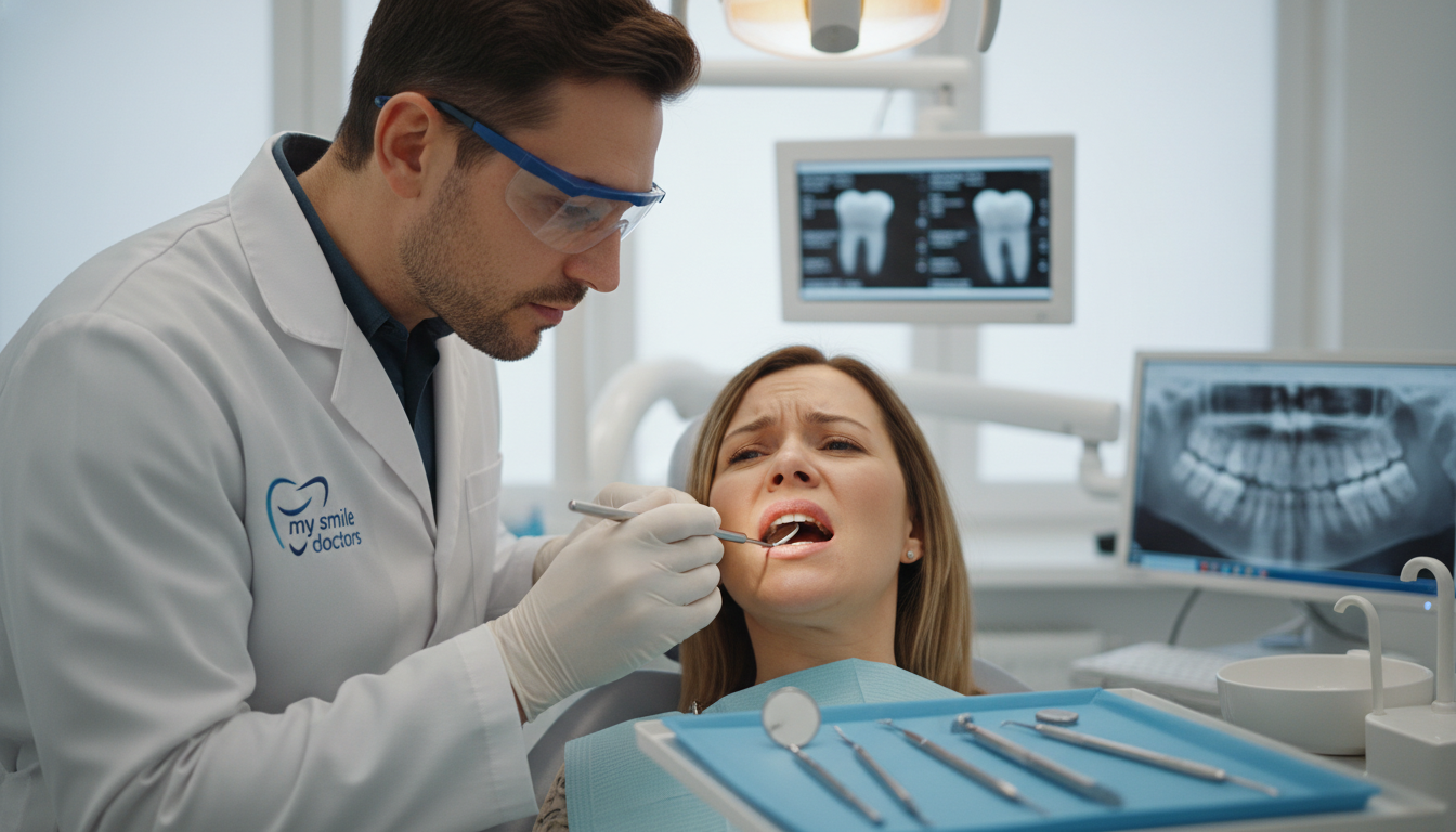 A detailed image depicting common dental problems requiring urgent care. In the foreground, a professional dentist in a white coat and safety goggles examines a patient’s mouth, highlighting dental issues like a severe toothache, a cracked tooth, and visible gum inflammation. In the middle ground, dental tools such as a mirror, probe, and x-ray images of teeth can be seen, suggesting an urgent care environment. The background features a modern dental clinic with clean, bright lighting, giving a reassuring atmosphere. The focus is on the expressions of concern and relief on the patient’s face, symbolizing the importance of immediate treatment. The setting emphasizes the branding of "my smile doctors" with their logo subtly placed on dental equipment. A detailed image depicting common dental problems requiring urgent care. In the foreground, a professional dentist in a white coat and safety goggles examines a patient’s mouth, highlighting dental issues like a severe toothache, a cracked tooth, and visible gum inflammation. In the middle ground, dental tools such as a mirror, probe, and x-ray images of teeth can be seen, suggesting an urgent care environment. The background features a modern dental clinic with clean, bright lighting, giving a reassuring atmosphere. The focus is on the expressions of concern and relief on the patient’s face, symbolizing the importance of immediate treatment. The setting emphasizes the branding of "my smile doctors" with their logo subtly placed on dental equipment.