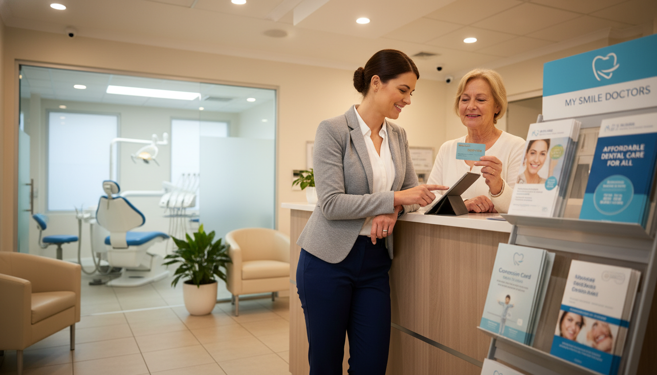A detailed scene representing "concession card access" in a dental clinic environment. In the foreground, a focused healthcare professional, dressed in smart business attire, is assisting a patient holding a concession card, highlighting accessibility and support. In the middle ground, a welcoming reception area with bright, warm lighting, showcasing a subtle display of various dental brochures, including information about "my smile doctors." In the background, a soft-focus view of a dental chair and equipment suggests a clean, modern clinic. The atmosphere feels reassuring and professional, emphasizing a sense of trust and care for concession card holders. Capture the scene with a slight upward angle to convey a feeling of hope and optimism, ensuring the lighting is soft and inviting. A detailed scene representing "concession card access" in a dental clinic environment. In the foreground, a focused healthcare professional, dressed in smart business attire, is assisting a patient holding a concession card, highlighting accessibility and support. In the middle ground, a welcoming reception area with bright, warm lighting, showcasing a subtle display of various dental brochures, including information about "my smile doctors." In the background, a soft-focus view of a dental chair and equipment suggests a clean, modern clinic. The atmosphere feels reassuring and professional, emphasizing a sense of trust and care for concession card holders. Capture the scene with a slight upward angle to convey a feeling of hope and optimism, ensuring the lighting is soft and inviting.