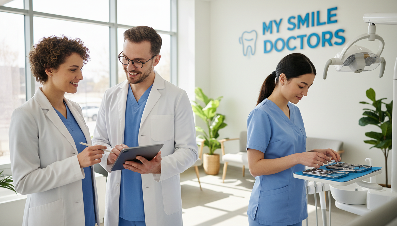 A friendly local dental team gathered in a modern clinic, showcasing professionalism and warmth. In the foreground, two dentists in professional attire, one female with short curly hair and the other male with glasses, both wearing white coats, are smiling and discussing treatment plans. In the middle, a dental hygienist with long dark hair in a ponytail, dressed in scrubs, is preparing dental tools, exuding a sense of readiness and care. The background features a clean, bright dental office with soft, natural lighting streaming in through large windows, illuminating charts and a cozy waiting area. The atmosphere is inviting and trustworthy, emphasizing the reliable service of "my smile doctors." A friendly local dental team gathered in a modern clinic, showcasing professionalism and warmth. In the foreground, two dentists in professional attire, one female with short curly hair and the other male with glasses, both wearing white coats, are smiling and discussing treatment plans. In the middle, a dental hygienist with long dark hair in a ponytail, dressed in scrubs, is preparing dental tools, exuding a sense of readiness and care. The background features a clean, bright dental office with soft, natural lighting streaming in through large windows, illuminating charts and a cozy waiting area. The atmosphere is inviting and trustworthy, emphasizing the reliable service of "my smile doctors."