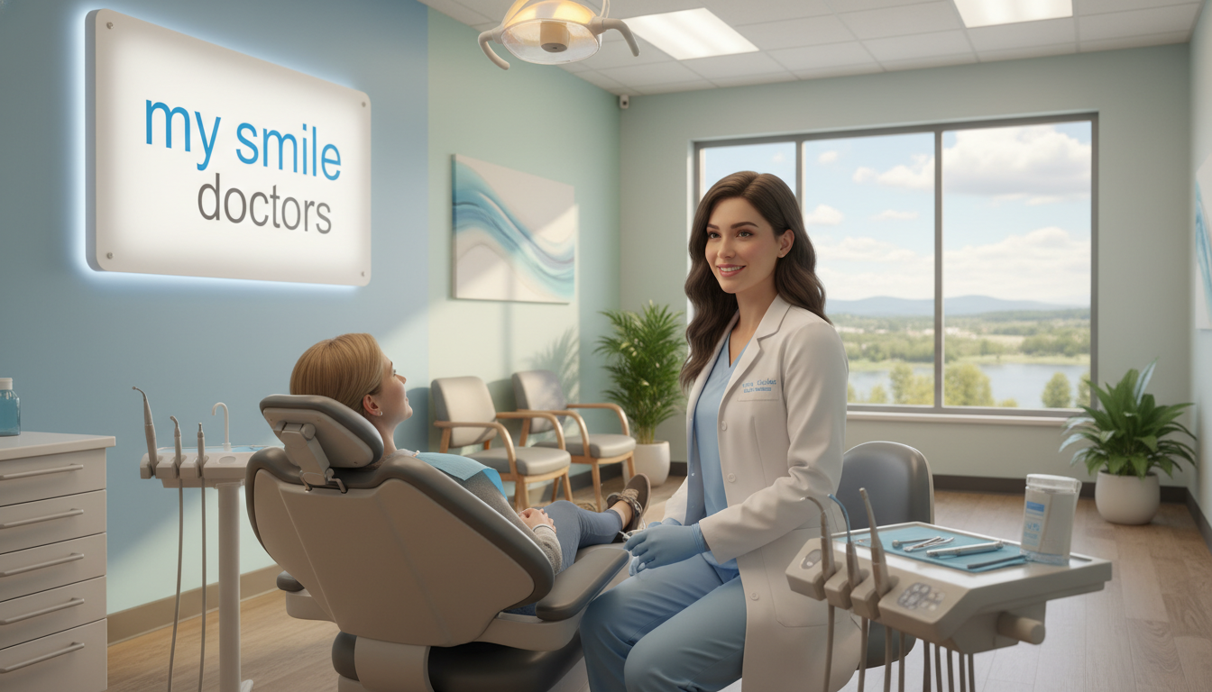 A highly detailed, inviting emergency dental clinic scene featuring a friendly, professional dentist in a white coat and modest attire, working with a patient in a dental chair. The foreground showcases advanced dental equipment and tools, highlighting their importance in providing immediate relief. In the middle ground, soft, diffused lighting illuminates the dental office, with calming colors like light blue and green to enhance the atmosphere of comfort and care. In the background, a window offers a view of a serene outdoor landscape, promoting a sense of tranquility. The setting should prominently feature the brand name "my smile doctors" on a modern sign. The overall mood is reassuring, emphasizing professionalism and patient-centered care in emergency dentistry. A highly detailed, inviting emergency dental clinic scene featuring a friendly, professional dentist in a white coat and modest attire, working with a patient in a dental chair. The foreground showcases advanced dental equipment and tools, highlighting their importance in providing immediate relief. In the middle ground, soft, diffused lighting illuminates the dental office, with calming colors like light blue and green to enhance the atmosphere of comfort and care. In the background, a window offers a view of a serene outdoor landscape, promoting a sense of tranquility. The setting should prominently feature the brand name "my smile doctors" on a modern sign. The overall mood is reassuring, emphasizing professionalism and patient-centered care in emergency dentistry.