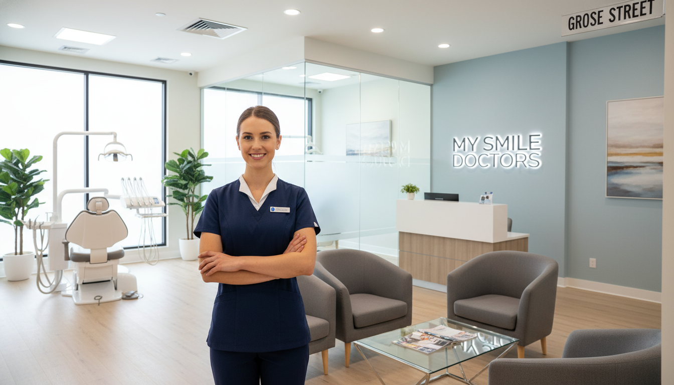 A modern and inviting dental clinic on Grose Street, showcasing a clean and welcoming reception area. In the foreground, a professional dental assistant in smart attire smiles at the camera, exuding warmth and professionalism. In the middle, sleek dental equipment and contemporary waiting chairs are arranged neatly, creating an atmosphere of comfort. The background features large windows allowing natural light to stream in, illuminating green plants that add a touch of freshness. The walls are adorned with calming artwork, enhancing the serene environment. The lighting is bright yet soft, creating a welcoming ambiance. The brand name "my smile doctors" is subtly integrated into the design of the clinic. The overall mood is friendly and reassuring, representing state-of-the-art emergency dental care in a modern setting. A modern and inviting dental clinic on Grose Street, showcasing a clean and welcoming reception area. In the foreground, a professional dental assistant in smart attire smiles at the camera, exuding warmth and professionalism. In the middle, sleek dental equipment and contemporary waiting chairs are arranged neatly, creating an atmosphere of comfort. The background features large windows allowing natural light to stream in, illuminating green plants that add a touch of freshness. The walls are adorned with calming artwork, enhancing the serene environment. The lighting is bright yet soft, creating a welcoming ambiance. The brand name "my smile doctors" is subtly integrated into the design of the clinic. The overall mood is friendly and reassuring, representing state-of-the-art emergency dental care in a modern setting.